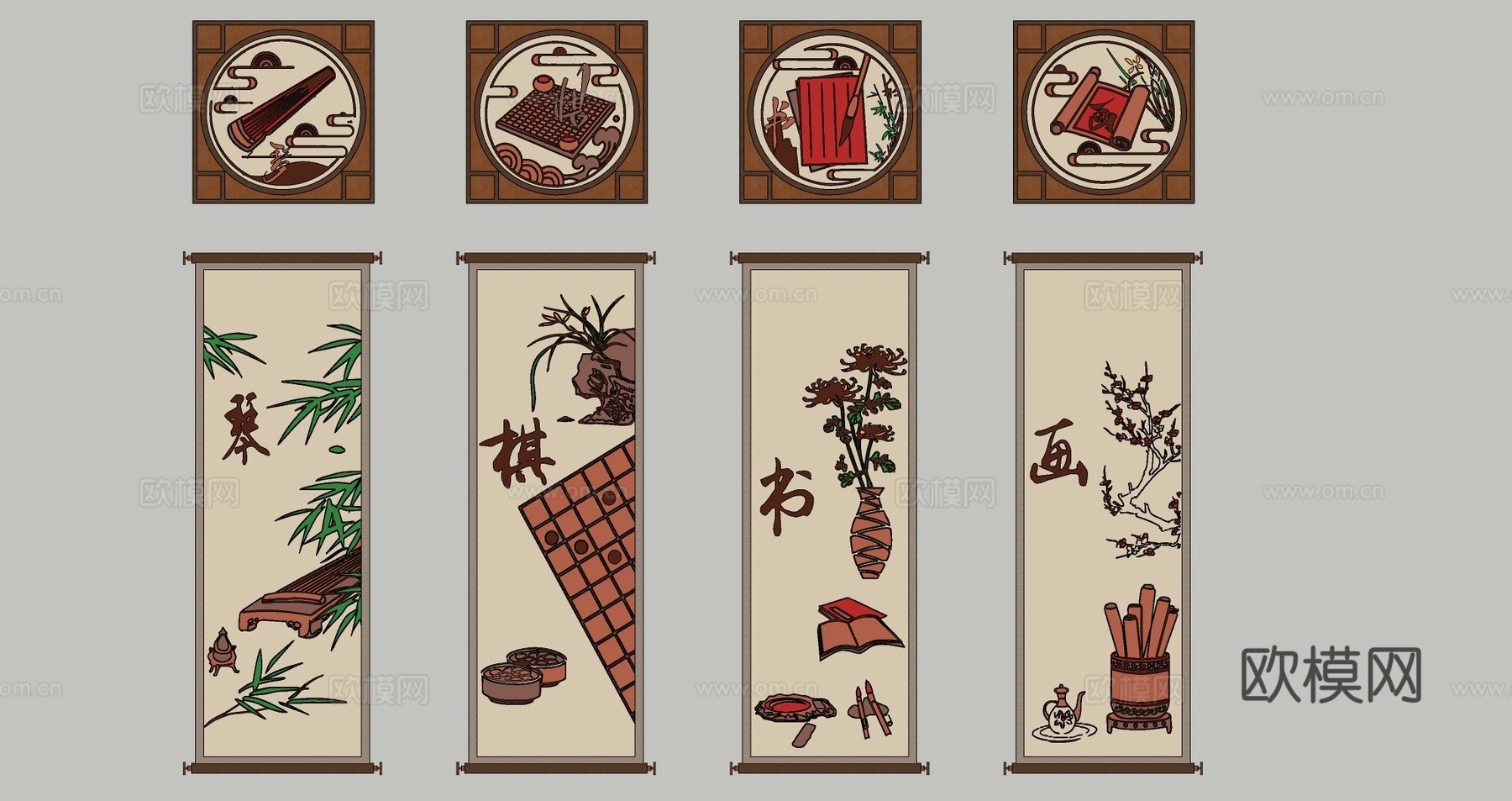 民俗文化挂画 四君子梅兰竹菊画 书画窗框剪影 壁画挂件su模型下载