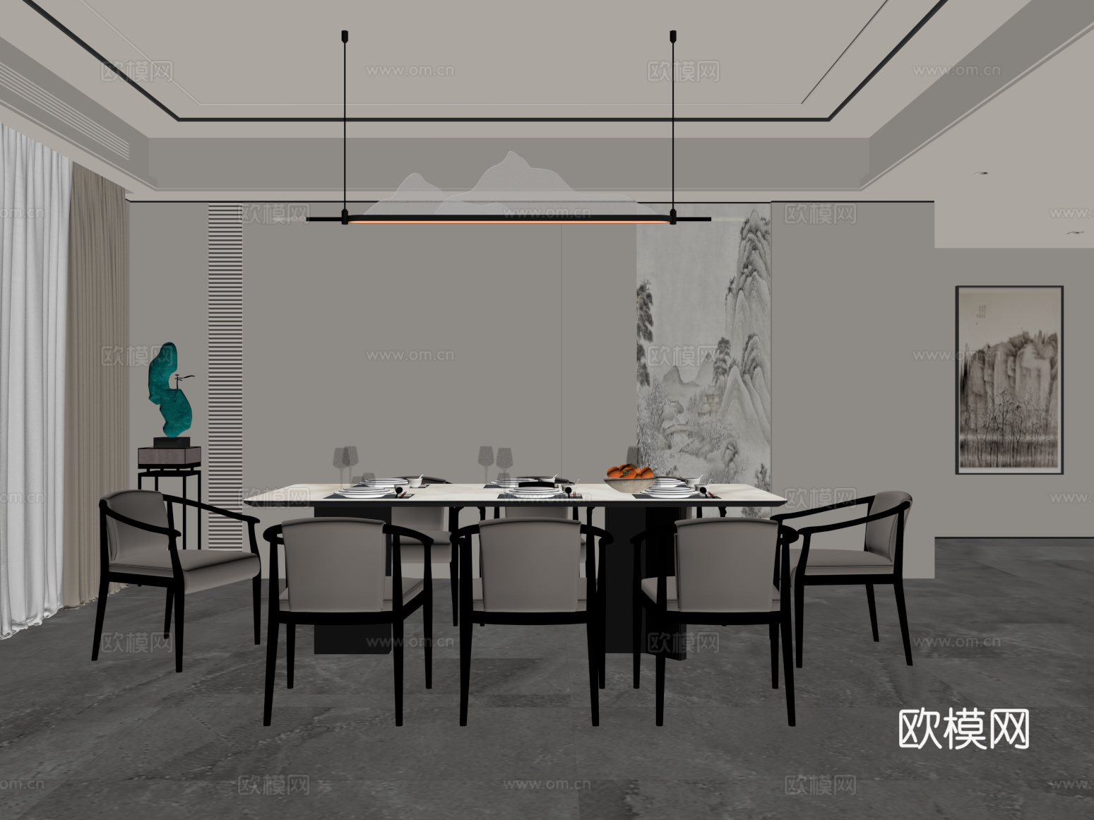 新中式餐厅 餐桌椅su模型