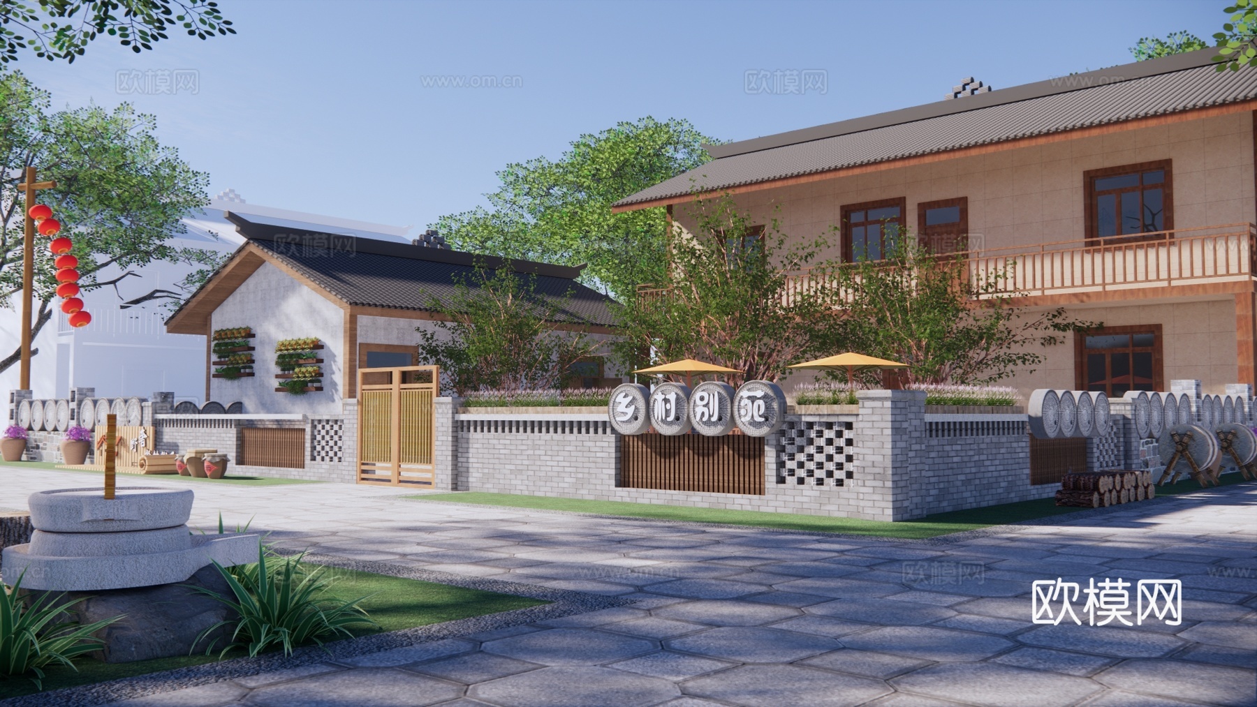 新中式乡村民宿建筑外观su模型下载