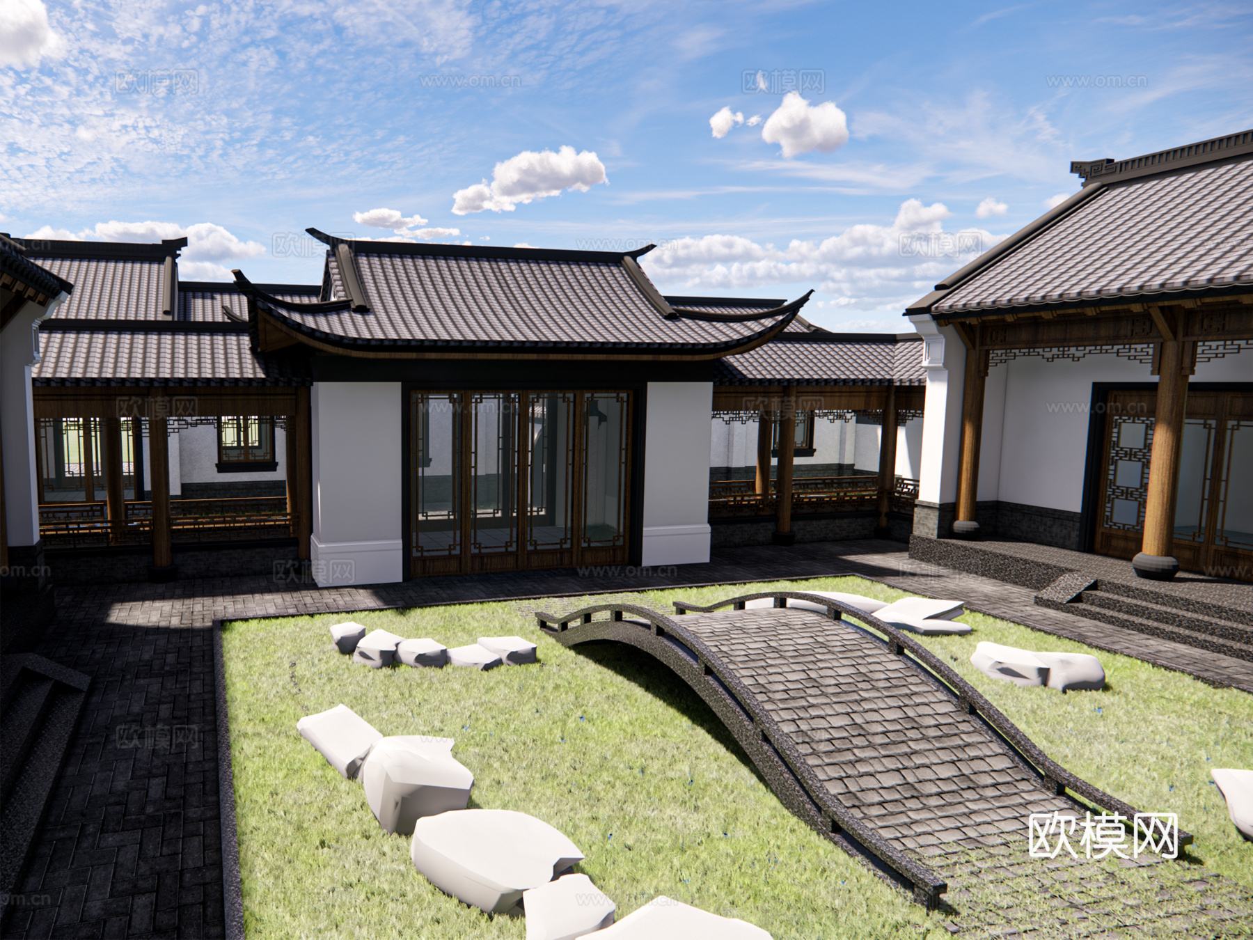 中式四合院建筑外观su模型下载