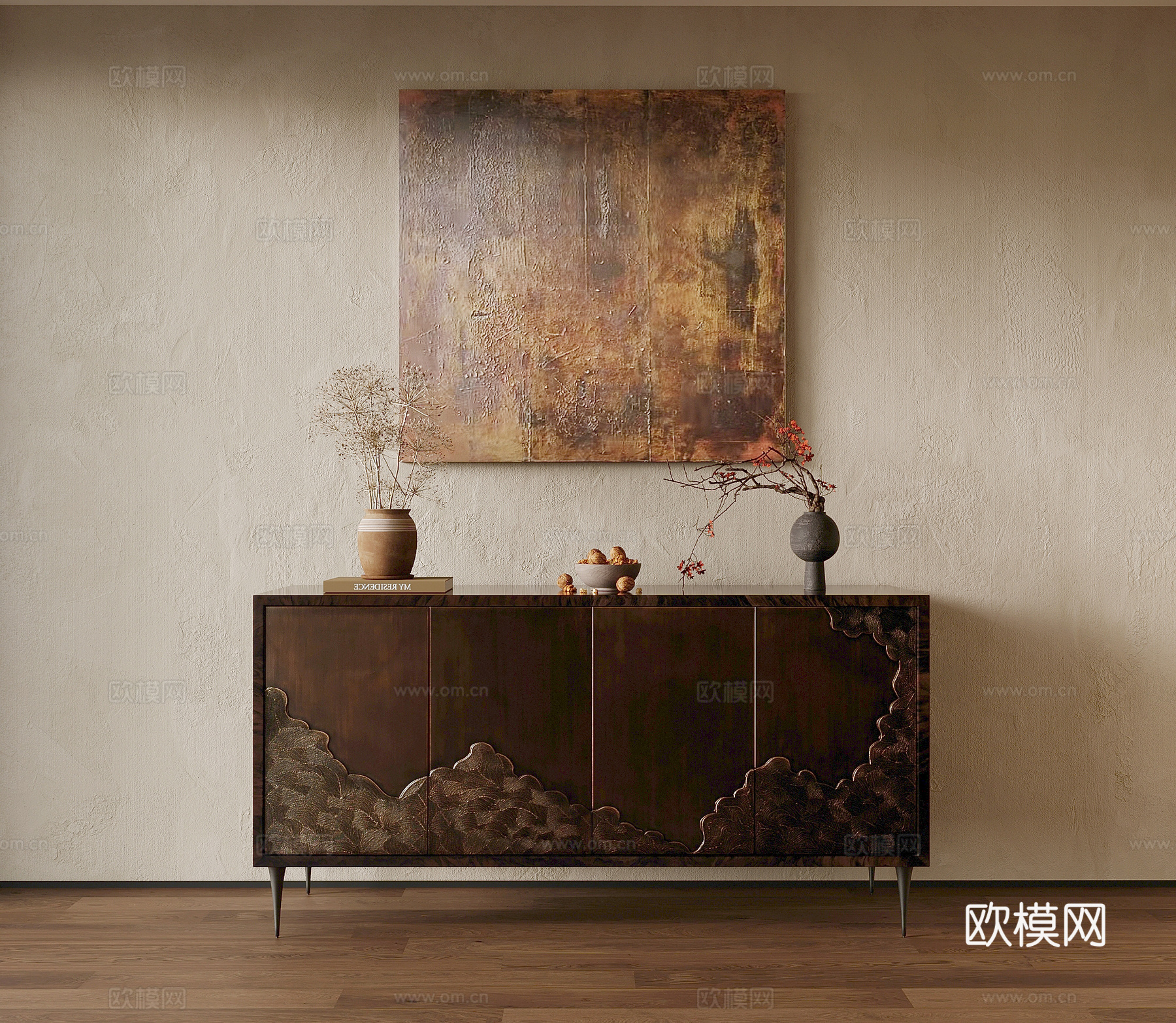 19玄关柜 中古风玄关柜 端景柜 挂画摆件3d模型