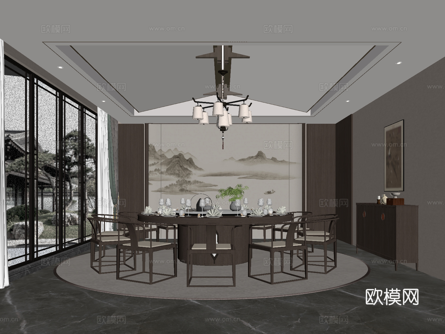 新中式餐餐厅包间 包厢su模型