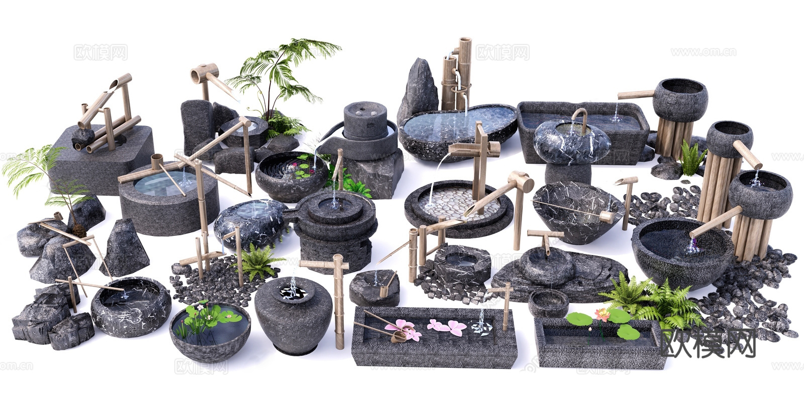 新中式 景观小品 磨盘 石槽 水缸su模型