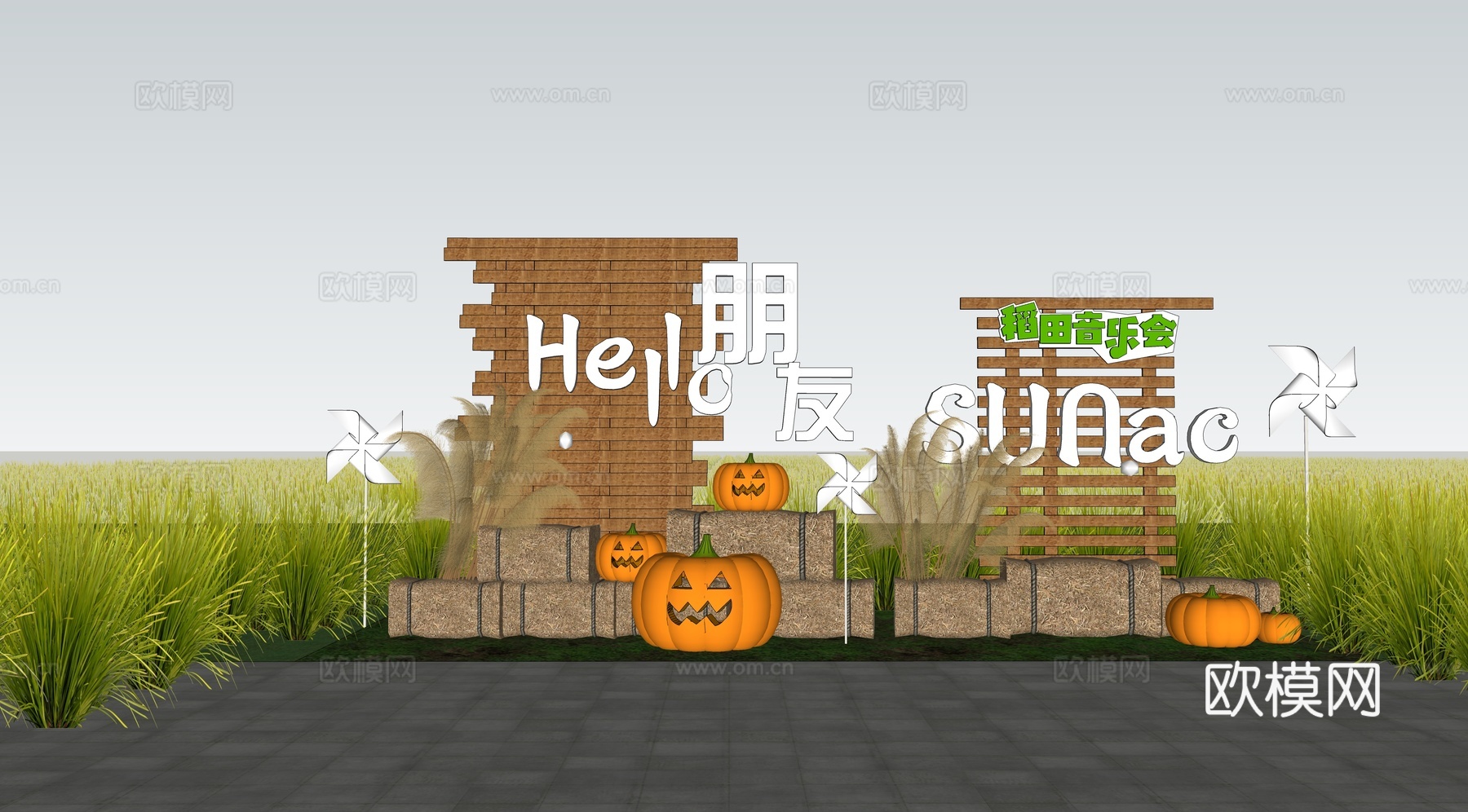 现代乡村稻田景观小品su模型下载