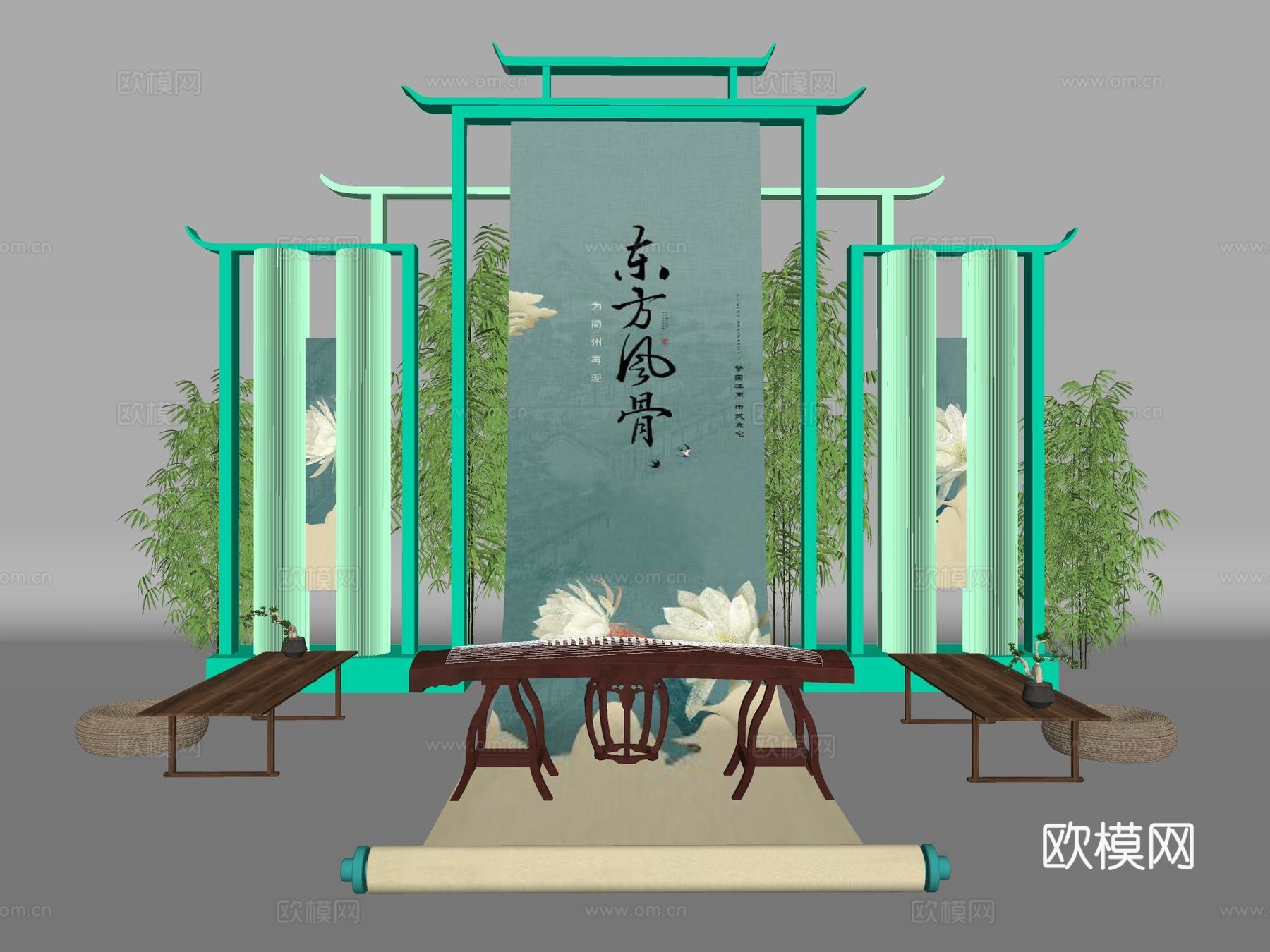 中式古风美陈雕塑 古建筑 围墙字画摆件su模型下载