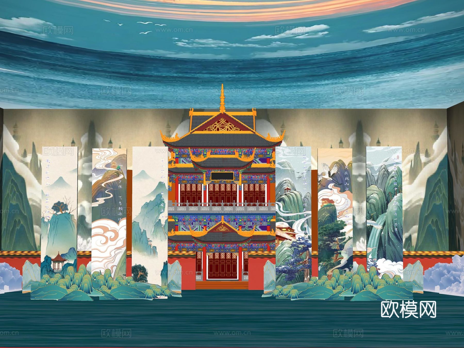中式古风美陈 雕塑古建筑摆件su模型下载