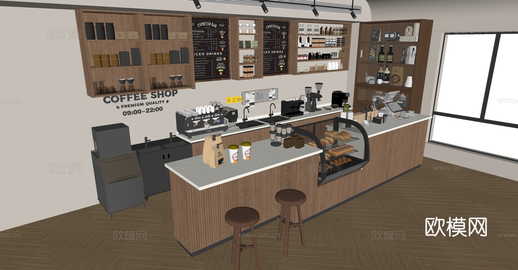 原木风咖啡厅 奶茶店操作台 咖啡操作台 收银前台 蛋糕展示柜su模型