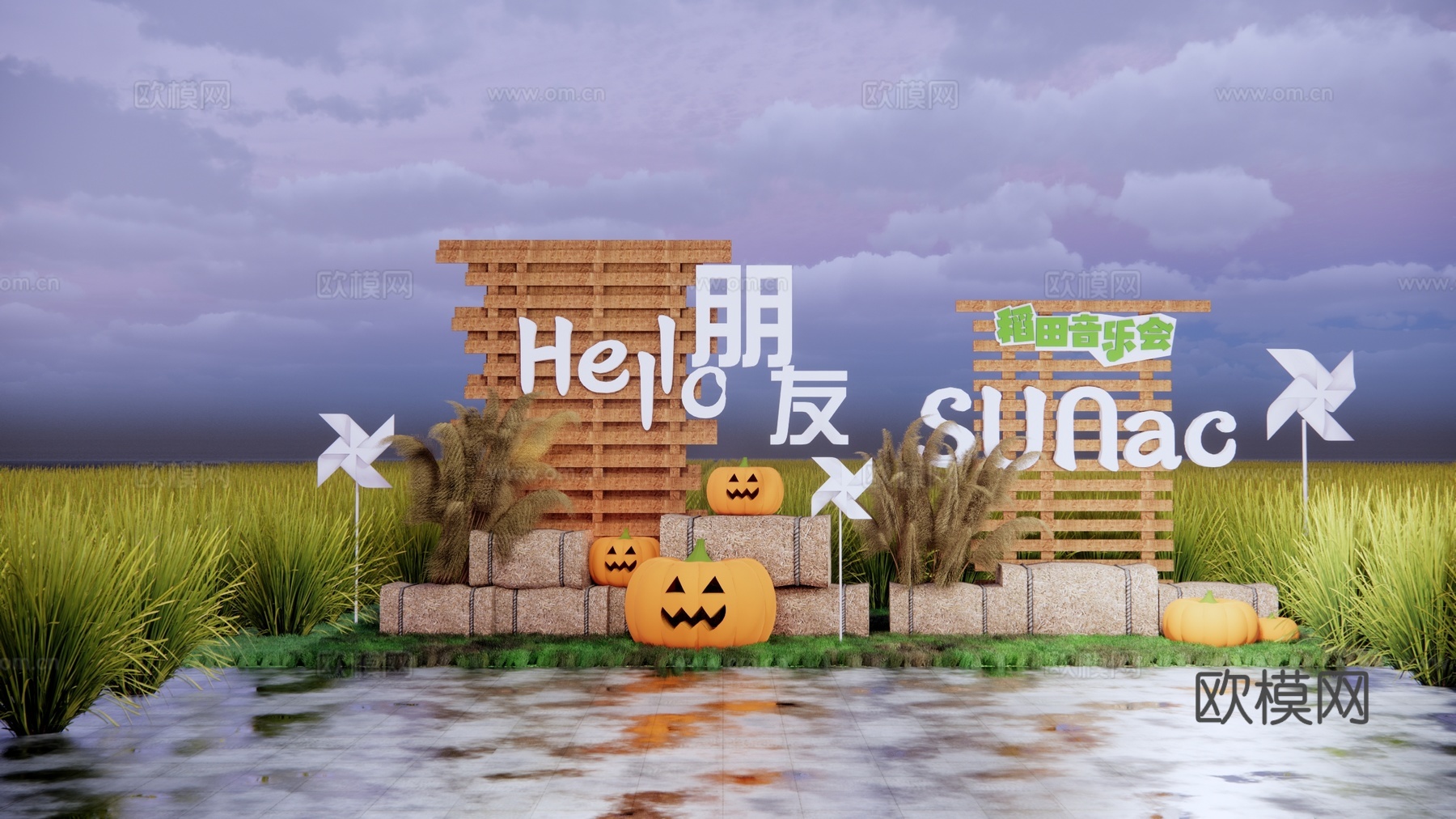 现代乡村稻田景观小品su模型下载