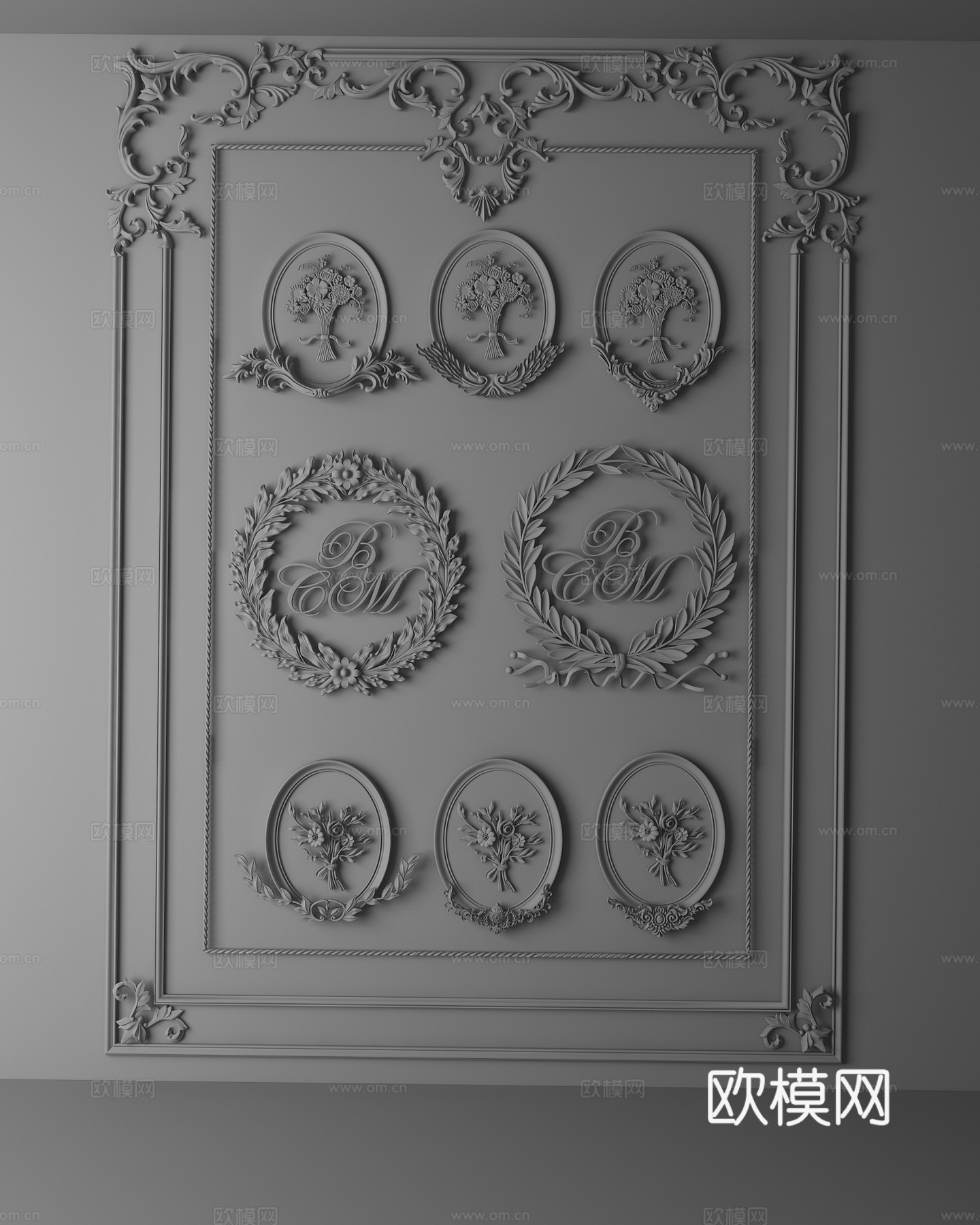 简欧 欧式 墙饰 金箔 雕花 构件 花环 组合3d模型