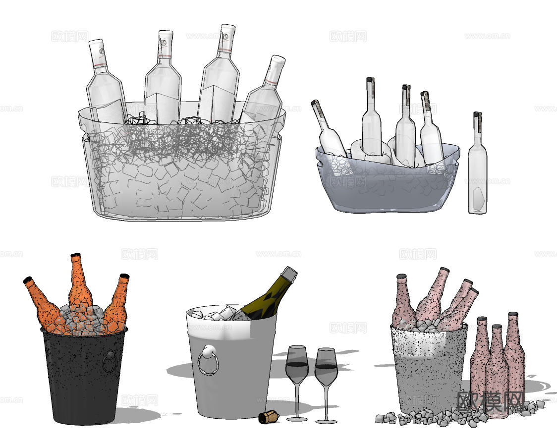 现代冰桶酒水 酒桶su模型下载