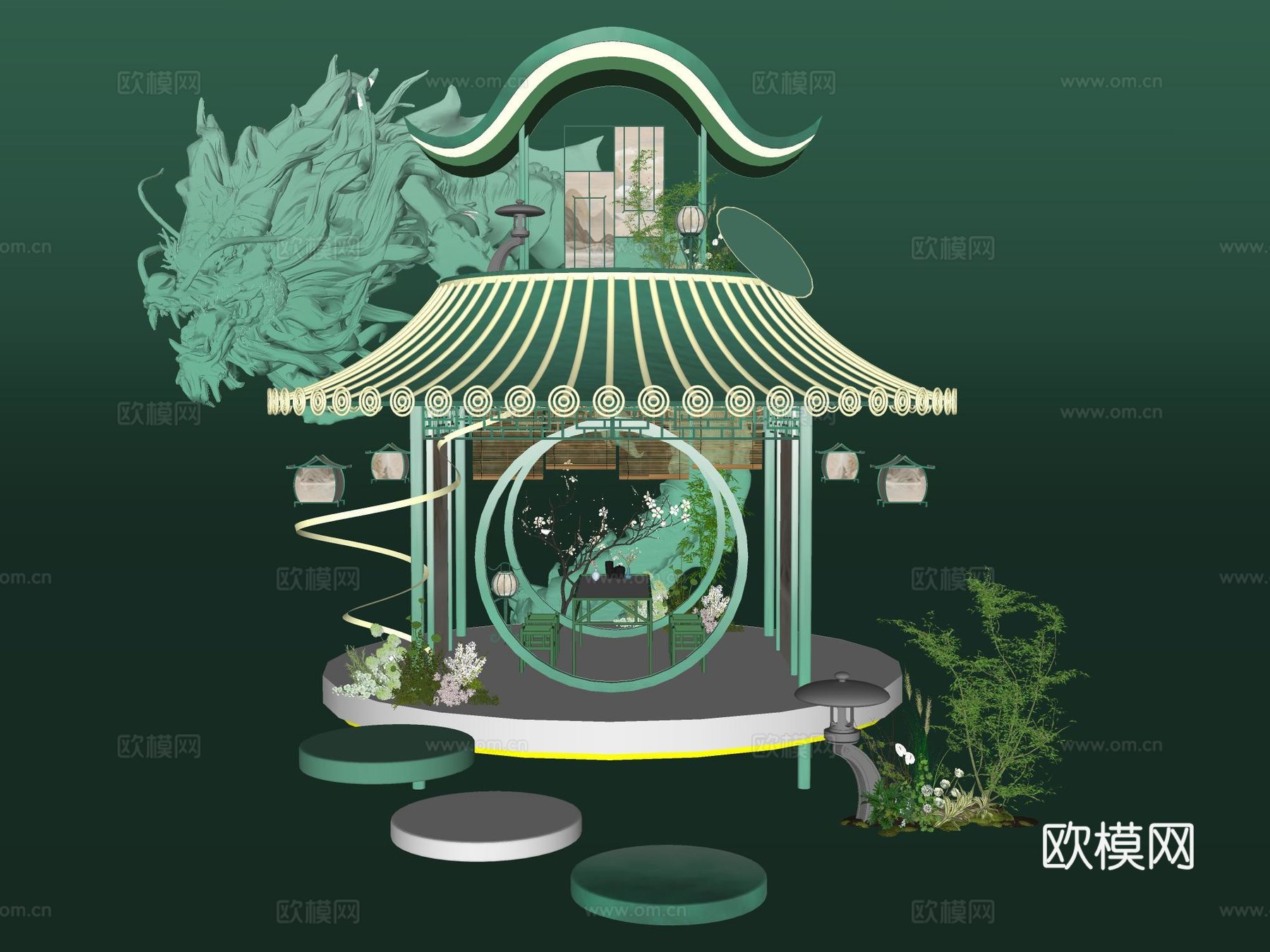 中式古风美陈雕塑 景观亭 龙雕塑摆件su模型下载