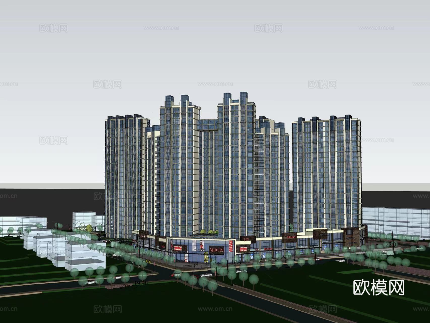 现代住宅楼建筑外观su模型下载