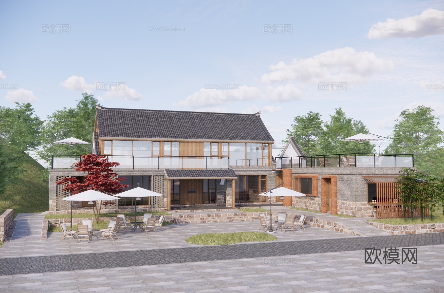 新中式民宿酒店建筑外观su模型下载