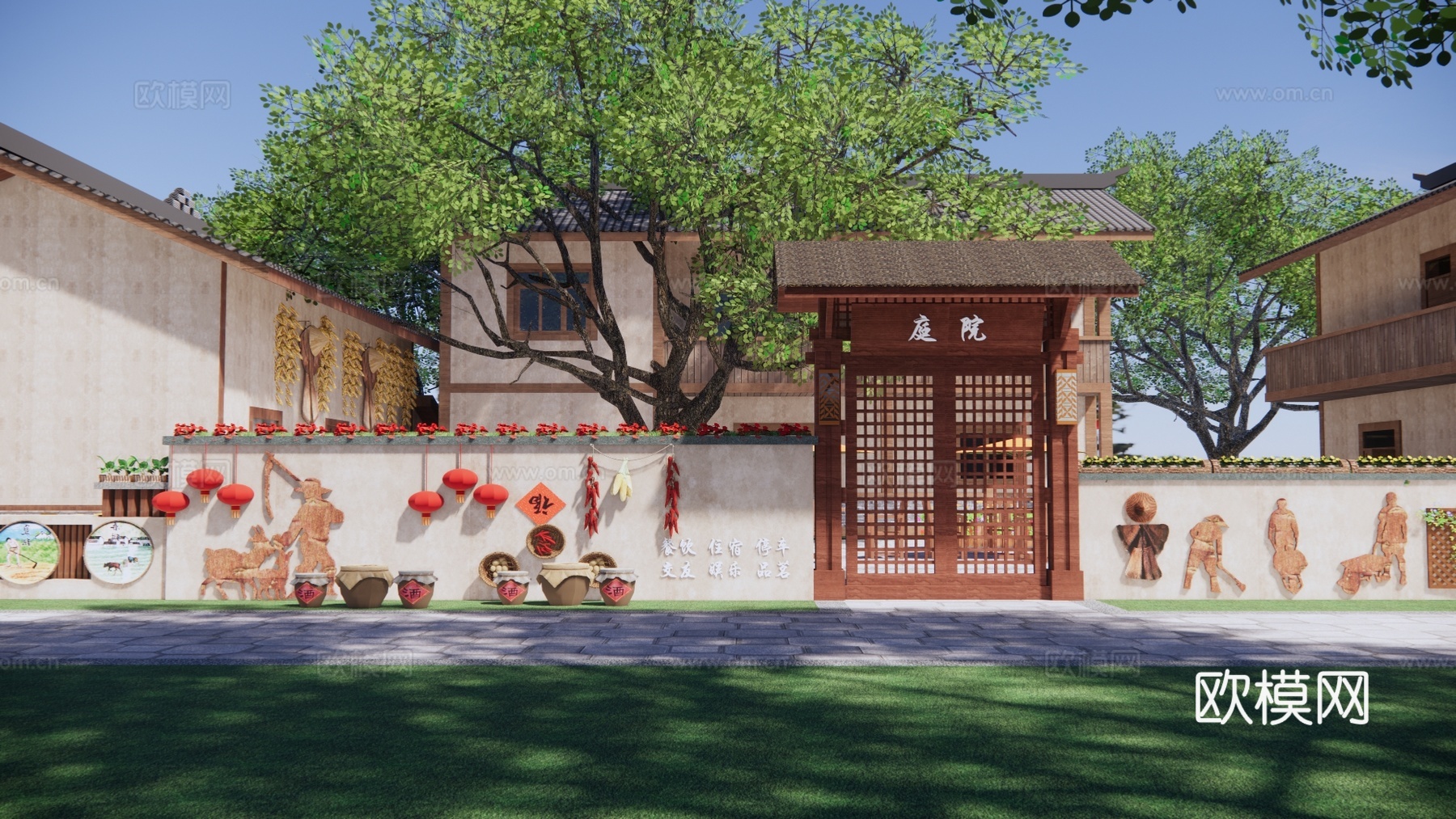 新中式乡村民宿建筑外观su模型下载
