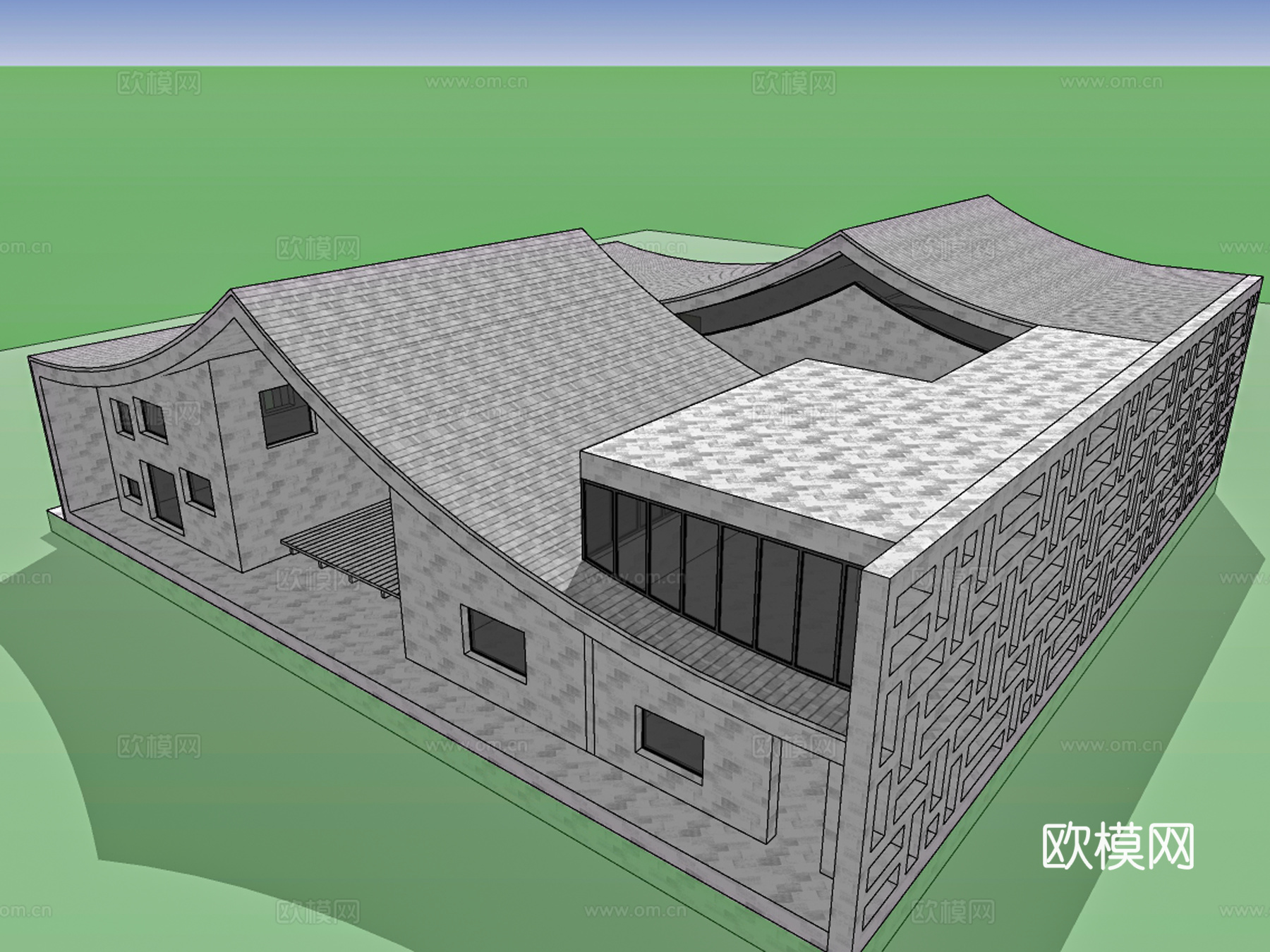 新中式展馆建筑外观su模型下载