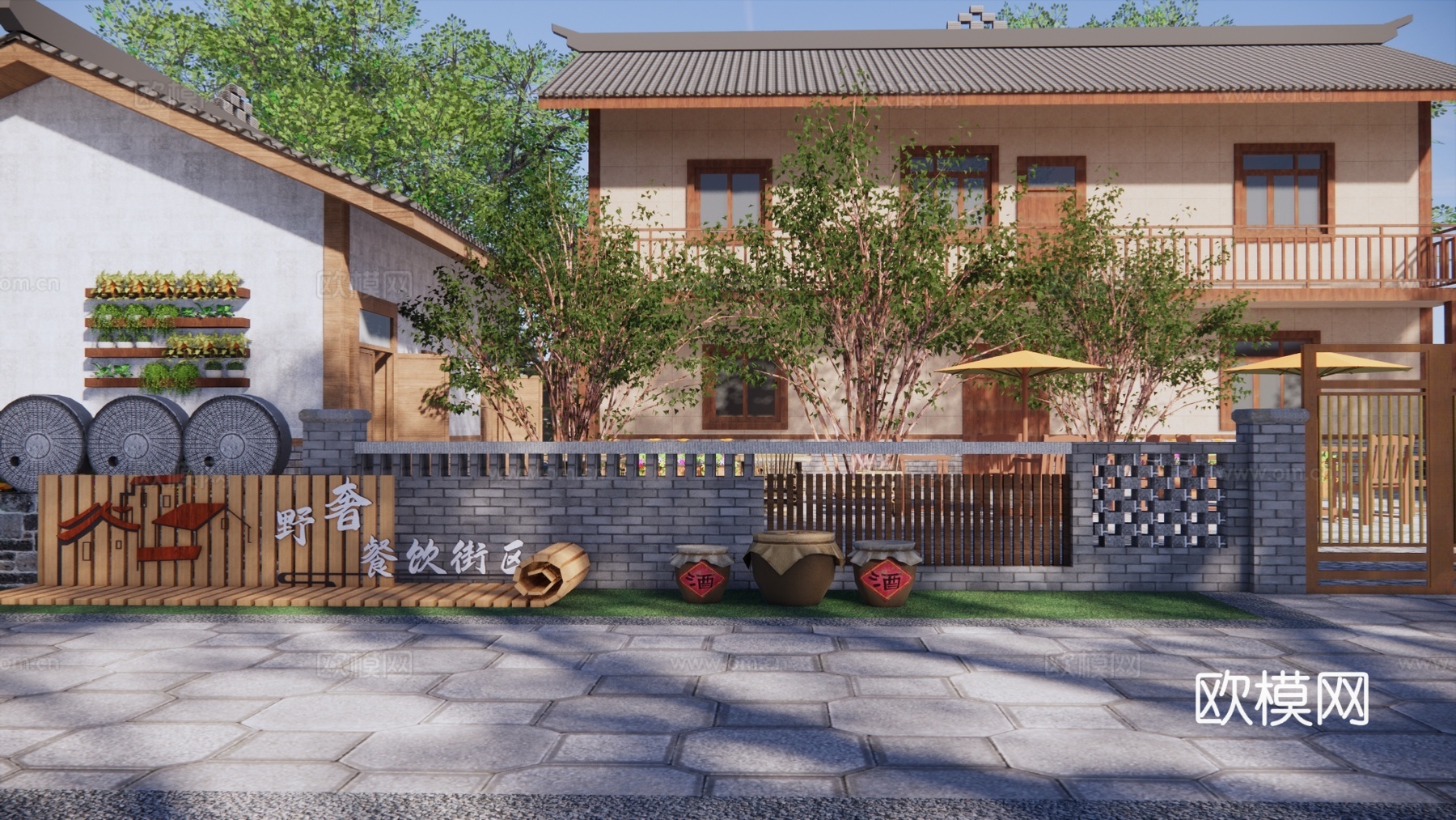 新中式乡村民宿建筑外观su模型下载