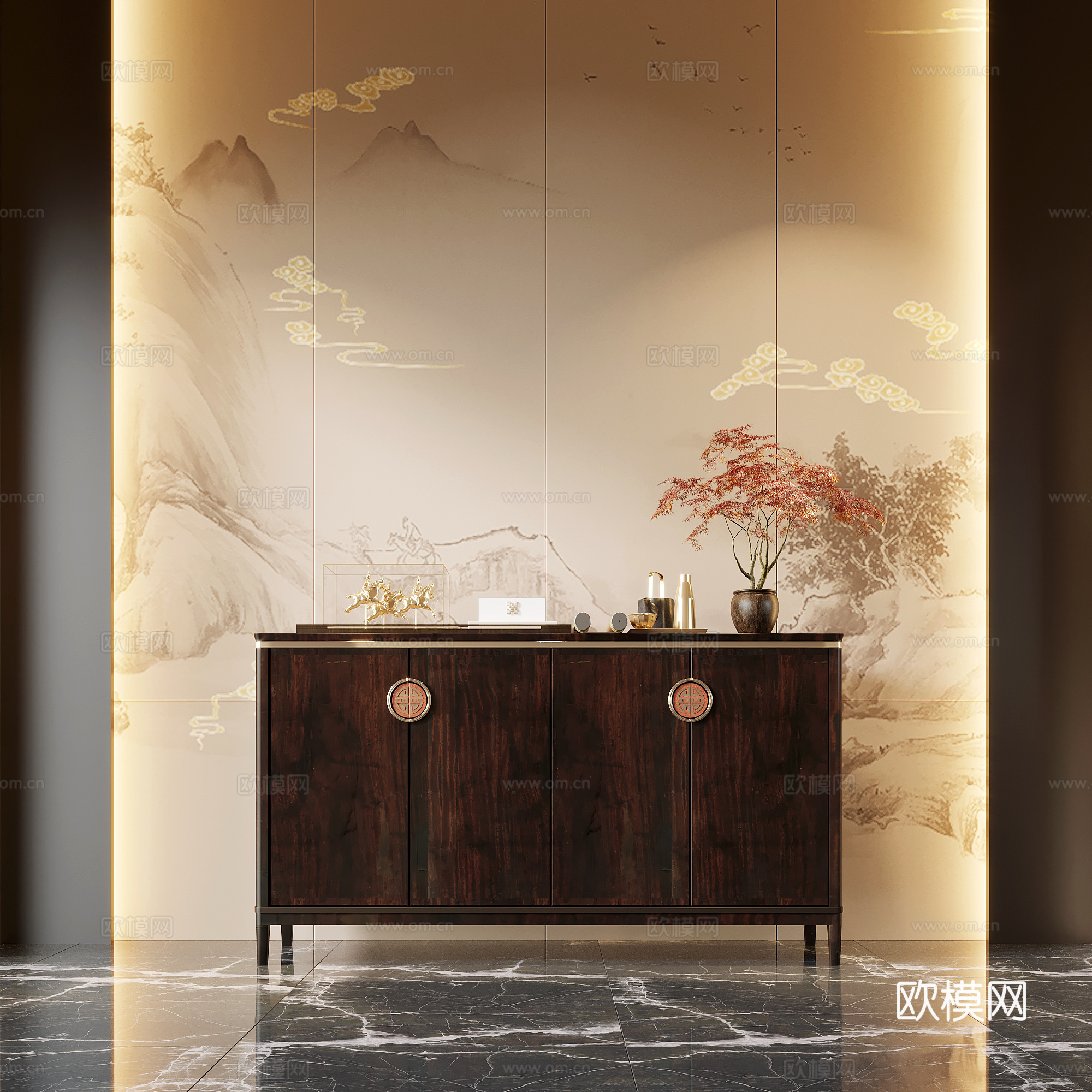 18玄关 新中式玄关 端景柜 玄关柜 盆栽盆景 摆件3d模型