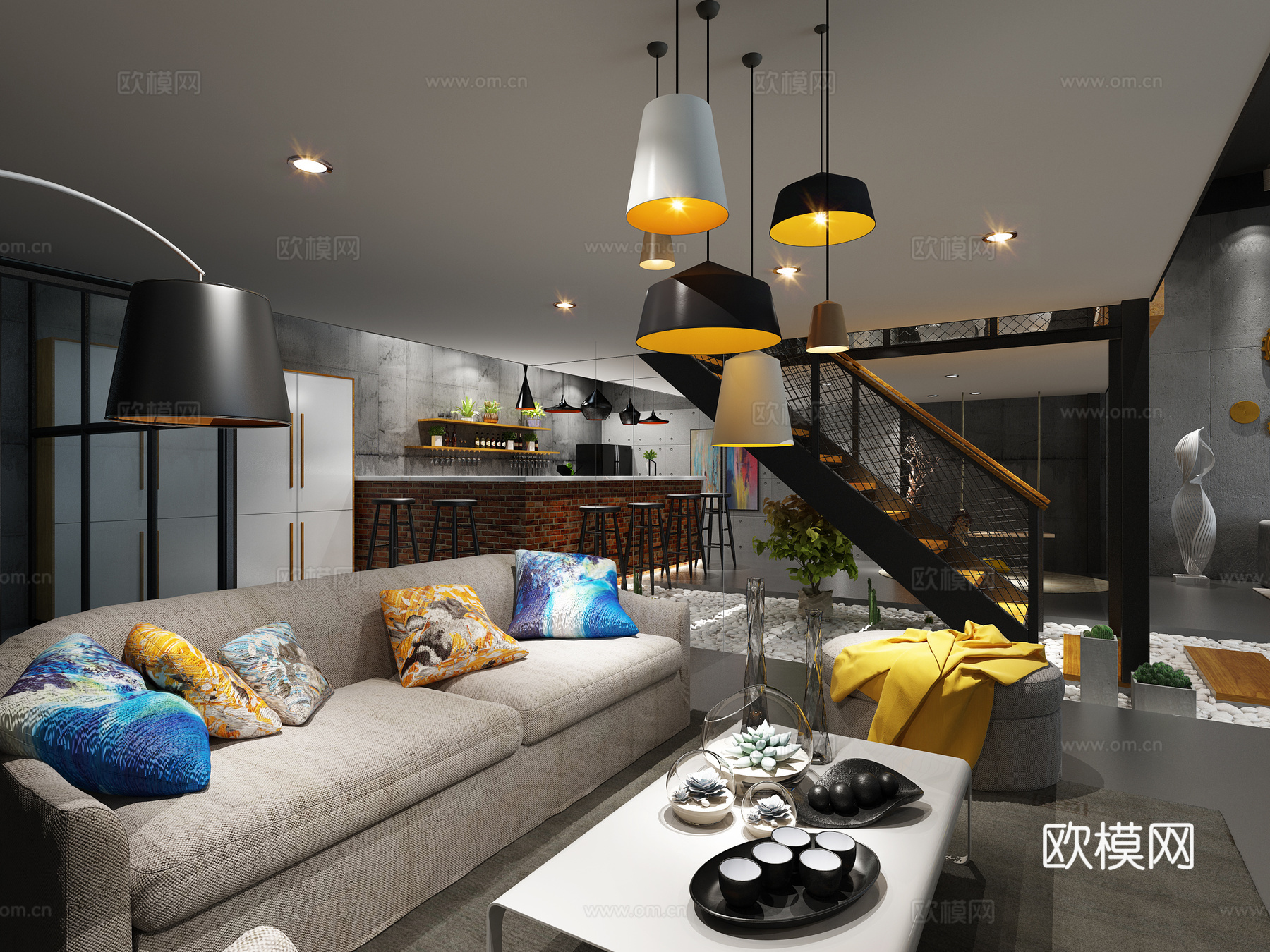 工业风loft客厅 吧台 沙发茶几3d模型