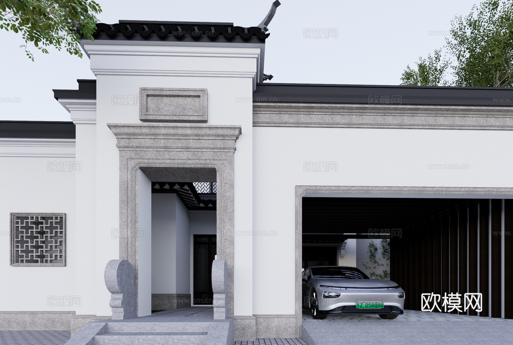 新中式独栋别墅外观su模型下载