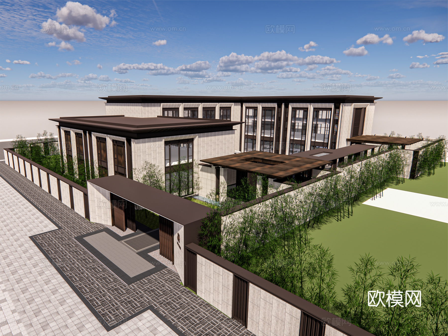 新中式售楼处建筑外观su模型下载