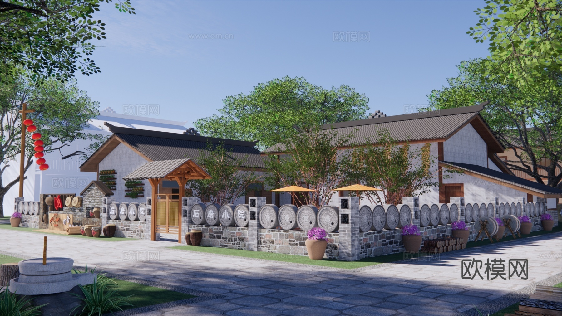 新中式乡村民宿建筑外观su模型下载