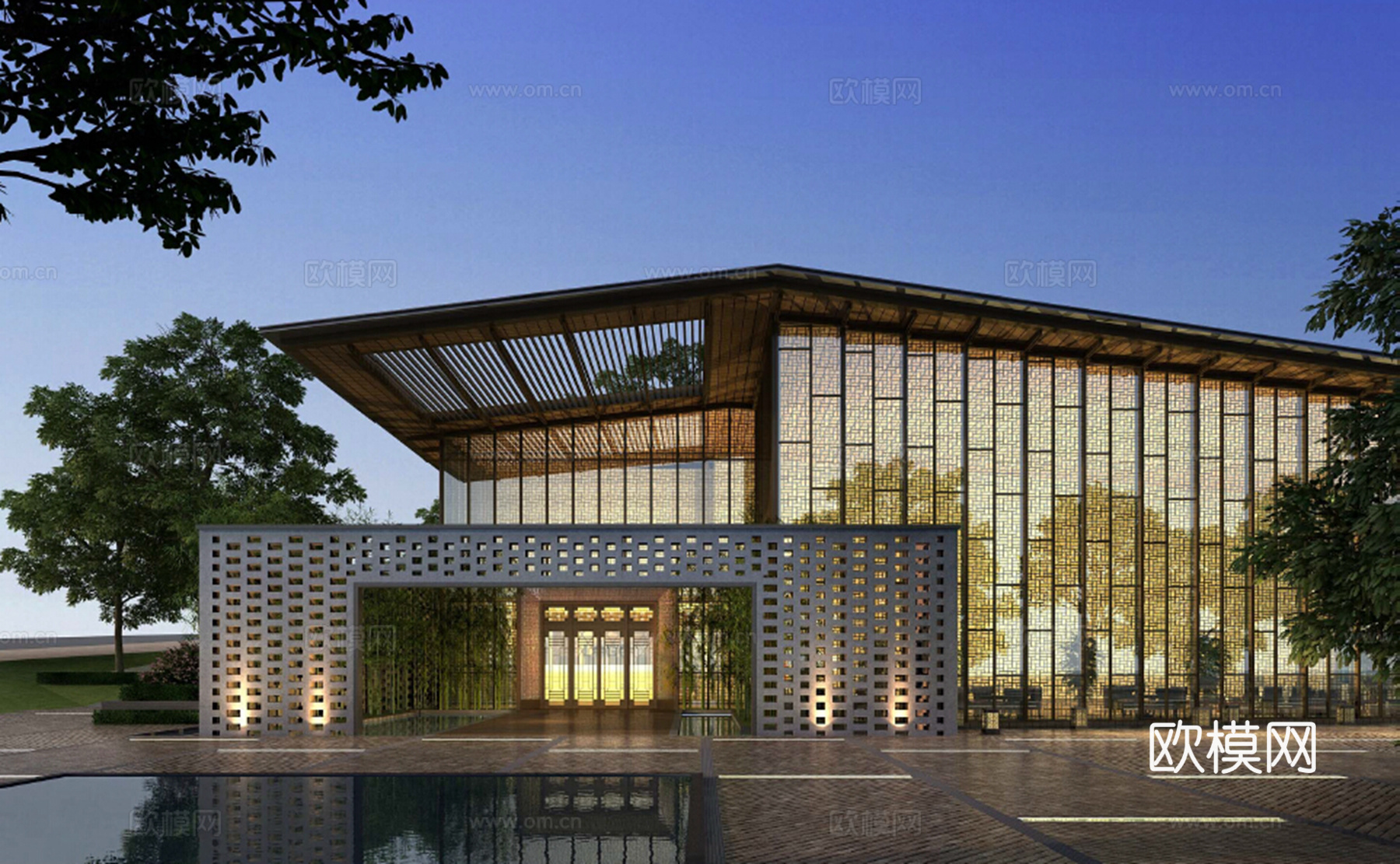 新中式售楼处建筑外观su模型下载