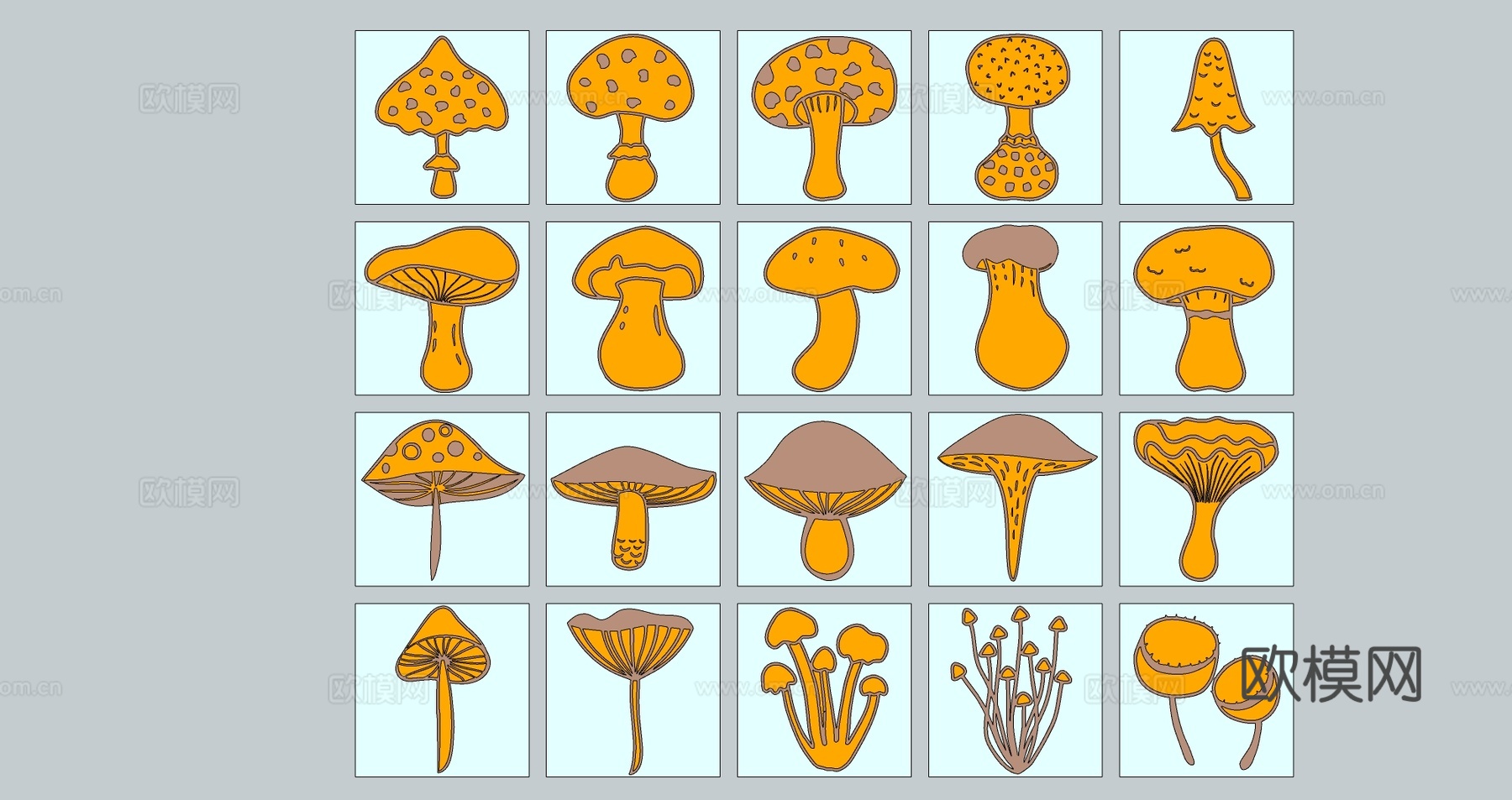 现代植物蔬菜可爱卡通蘑菇剪影图标锈板