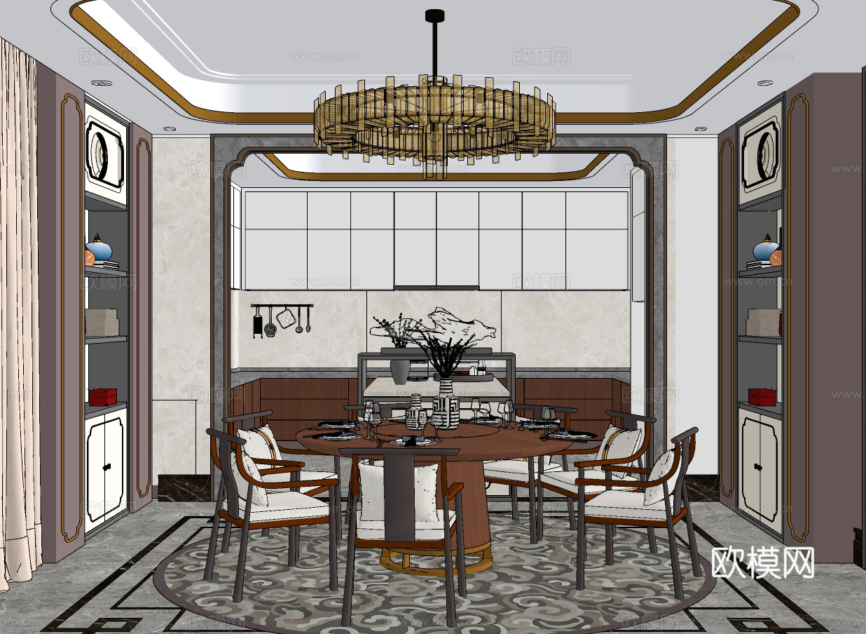 新中式餐厅su模型下载