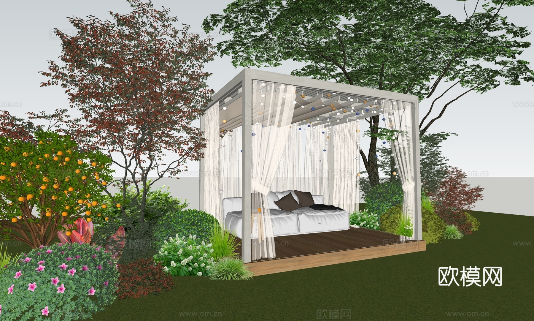现代简约乡村庭院 木廊架 su模型下载