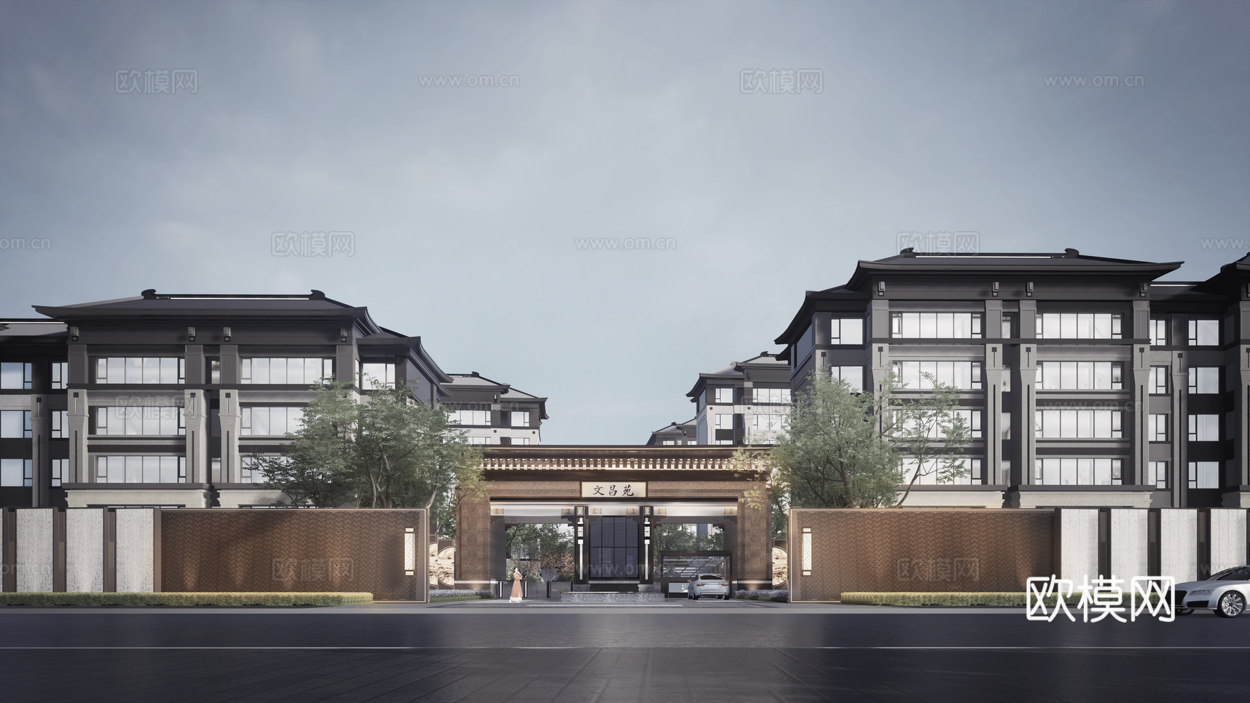 新中式小区入口大门su模型下载