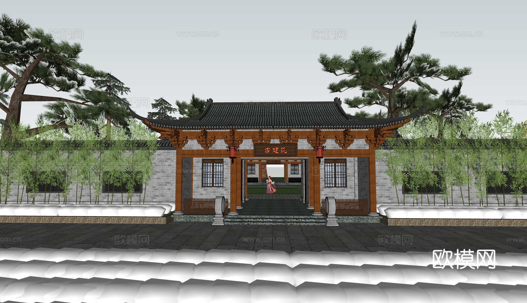 新中式庭院门 民宿门头 古建入口庭院 木质院门 乡村民居大门 农庄大门su模型下载