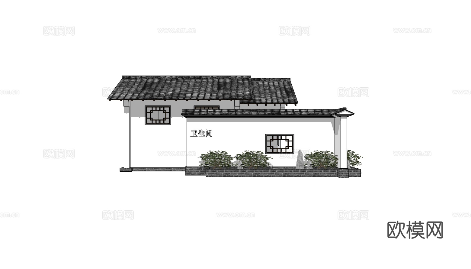 新中式公厕建筑外观su模型下载