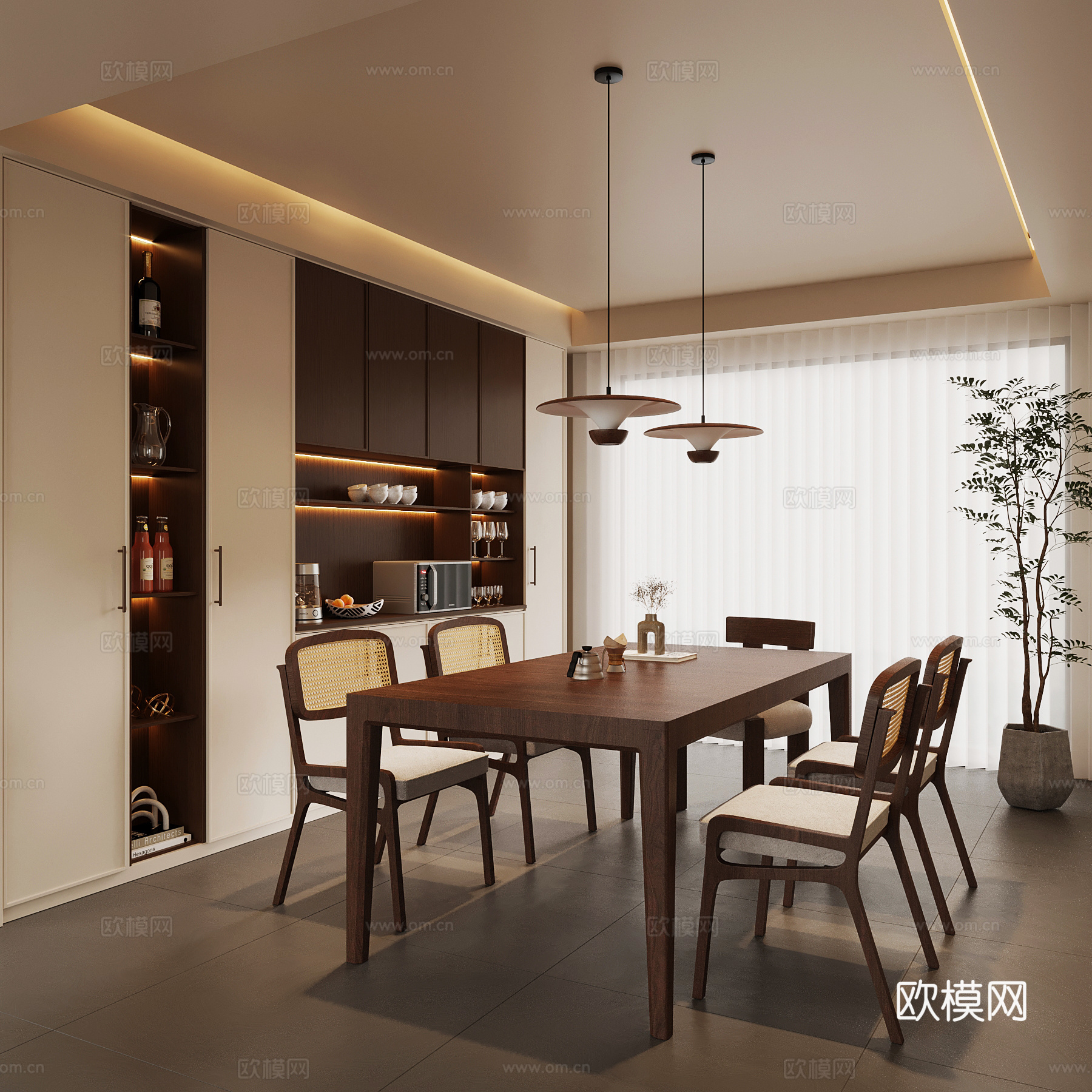 现代中古风餐厅 酒柜 餐桌椅su模型