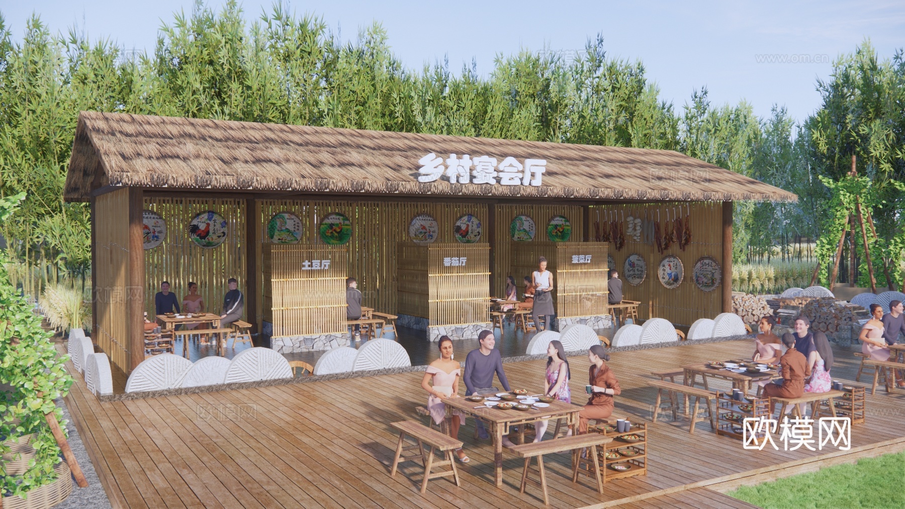 新中式园林式火锅餐厅 乡村茅草屋 生态餐饮建筑 su模型下载