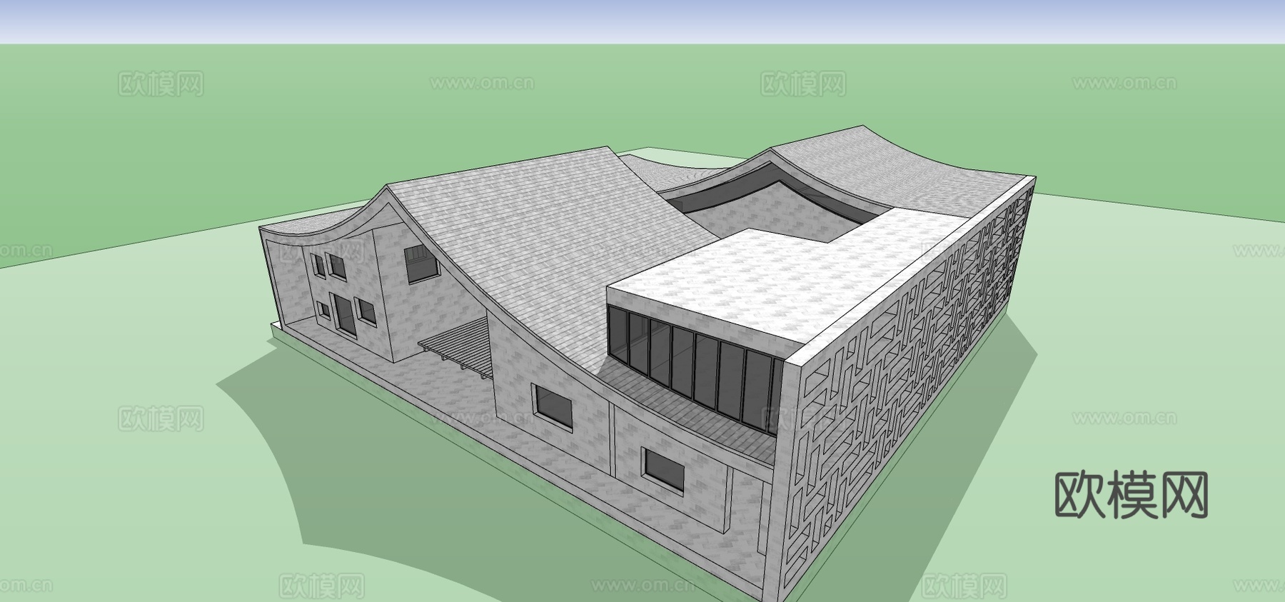 新中式展馆建筑外观su模型下载