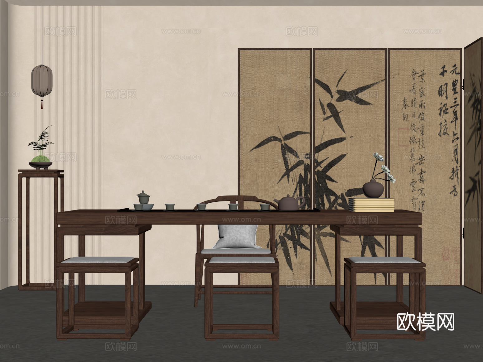 23新中式茶桌椅 屏风 吊灯su模型
