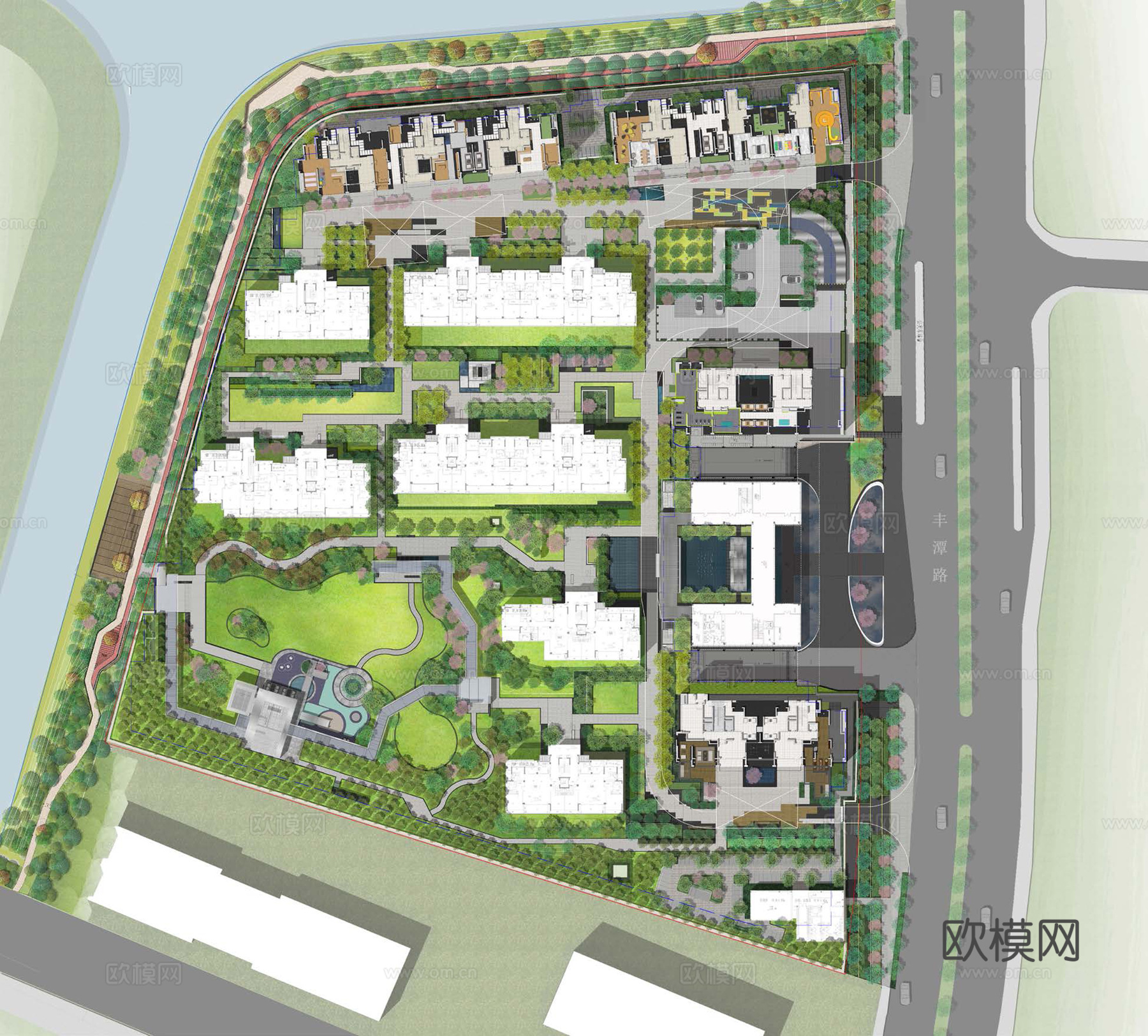 现代住宅区鸟瞰su模型下载