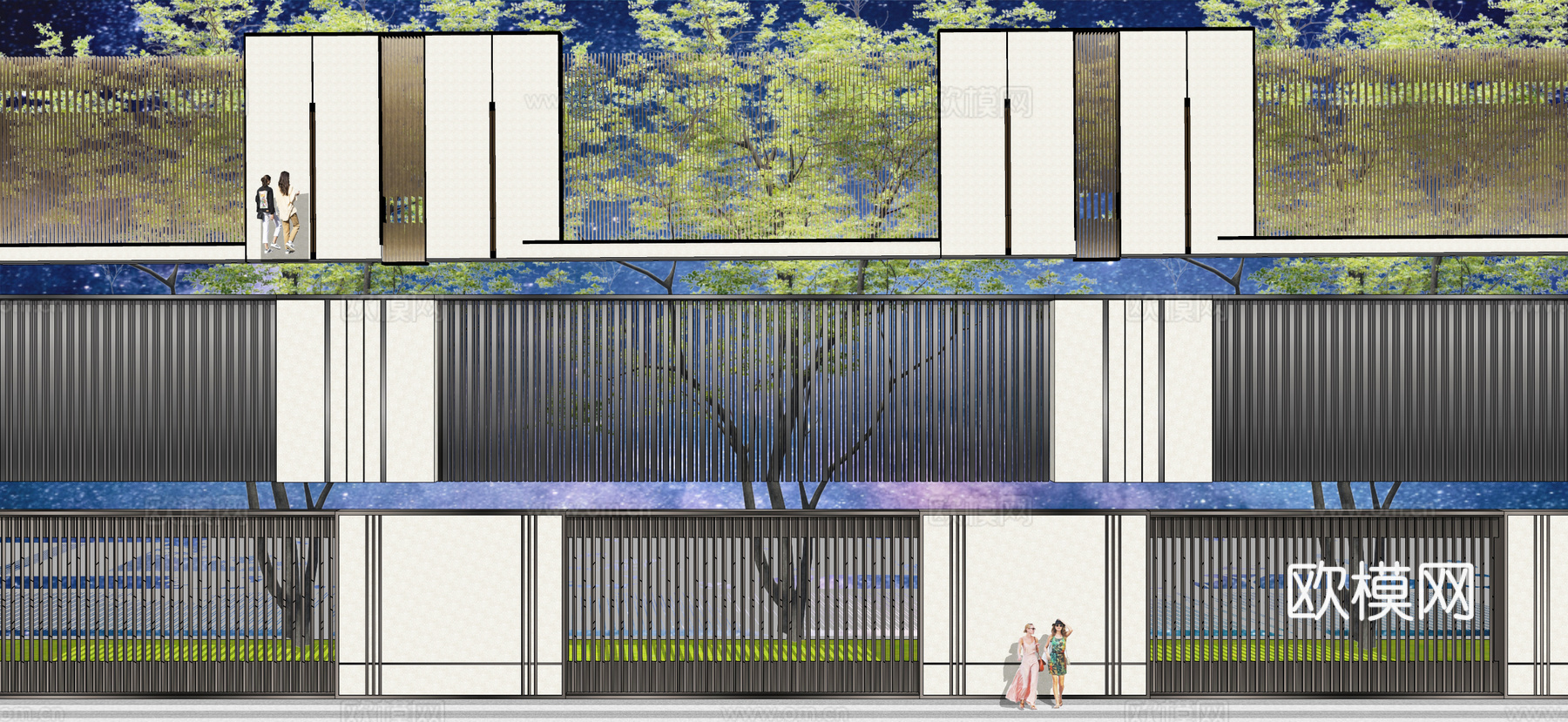 新中式景墙围墙 金属格栅围墙 展示区景墙su模型下载