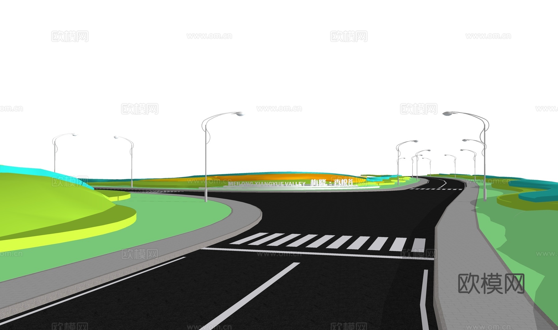 现代道路景观su模型下载