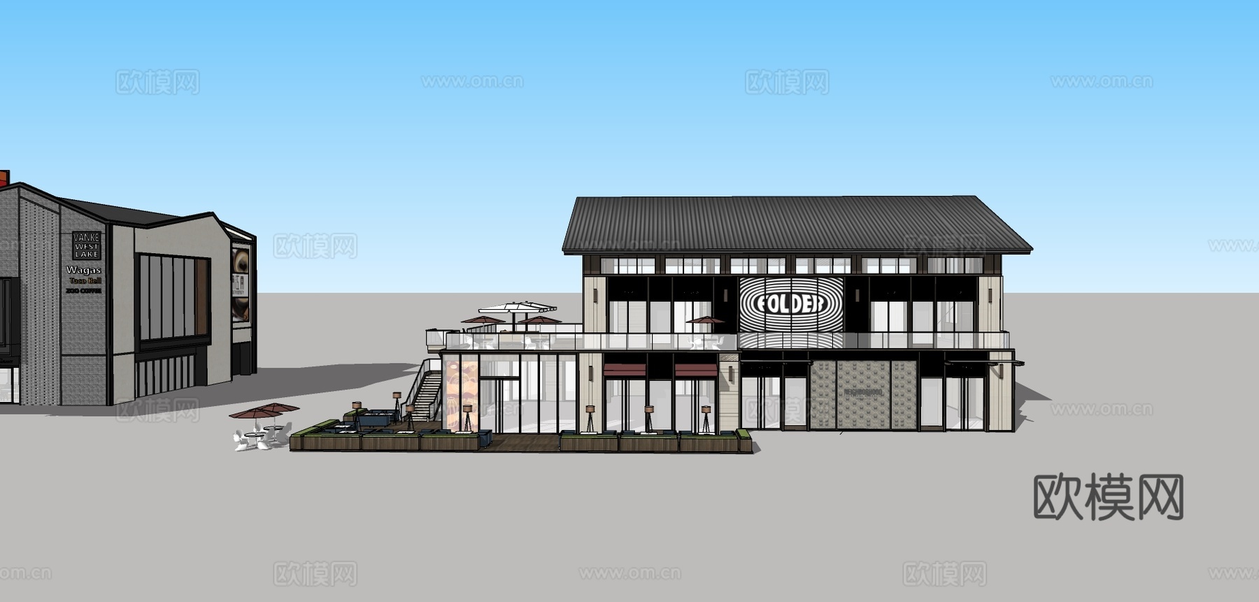 新中式商铺建筑外观su模型下载