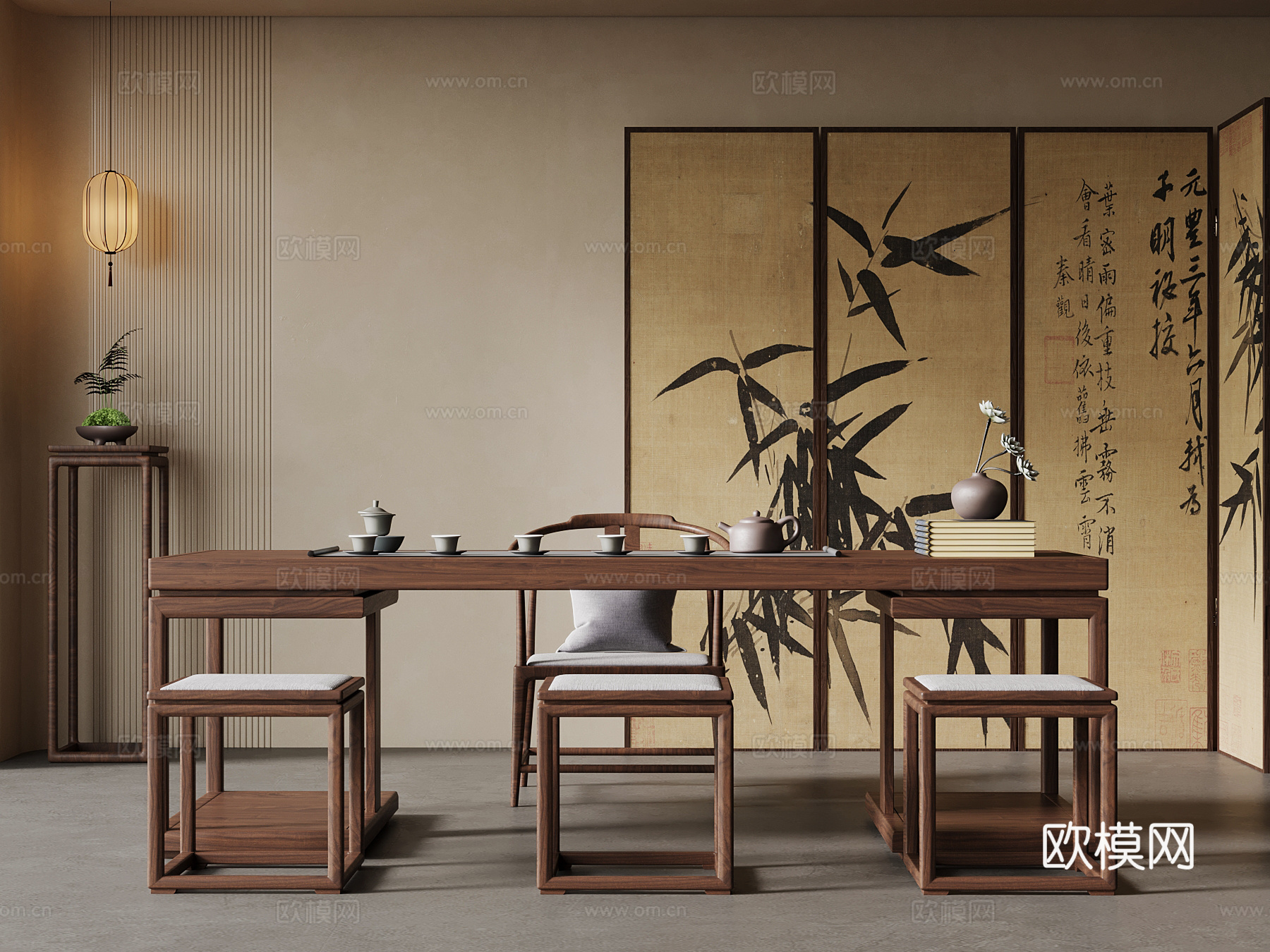 23新中式茶桌椅 屏风 吊灯3d模型