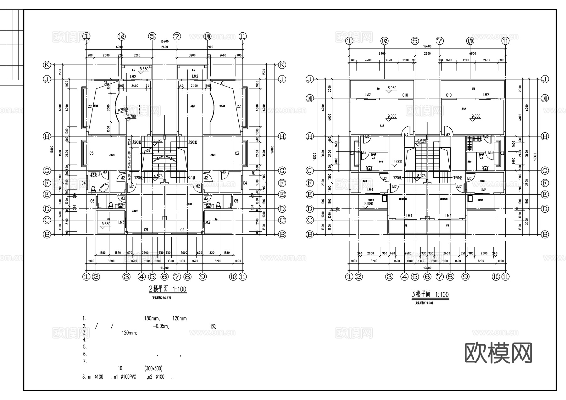 两套仿古别墅建筑CAD施工图cad施工图