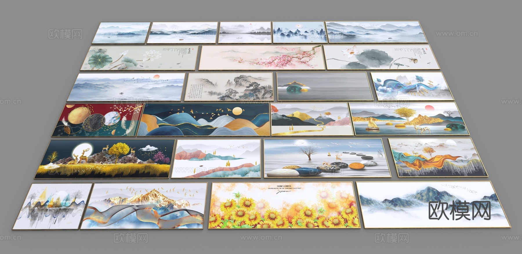 新中式挂画 装饰画 山水画su模型下载