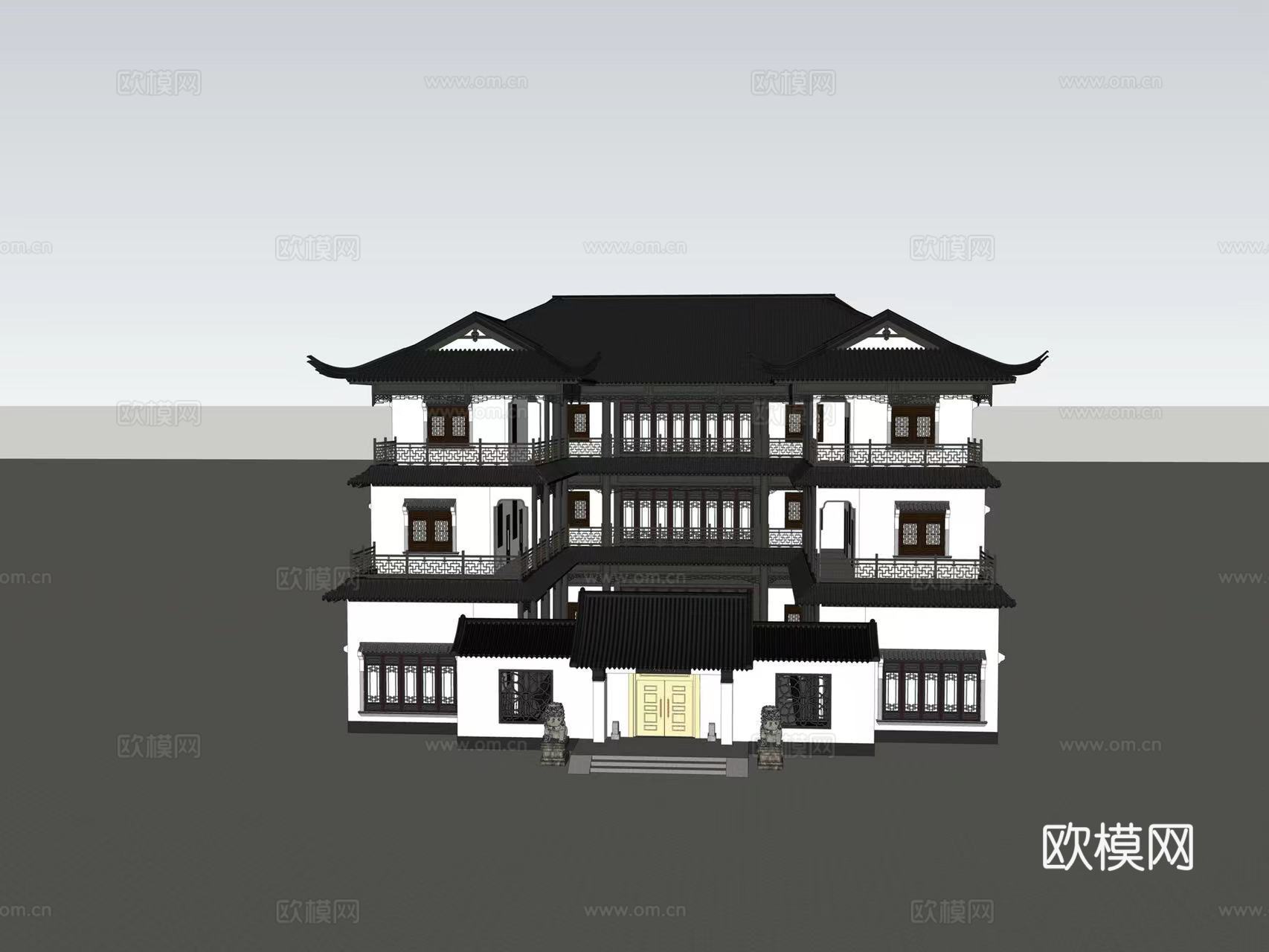 新中式乡村别墅外观su模型下载