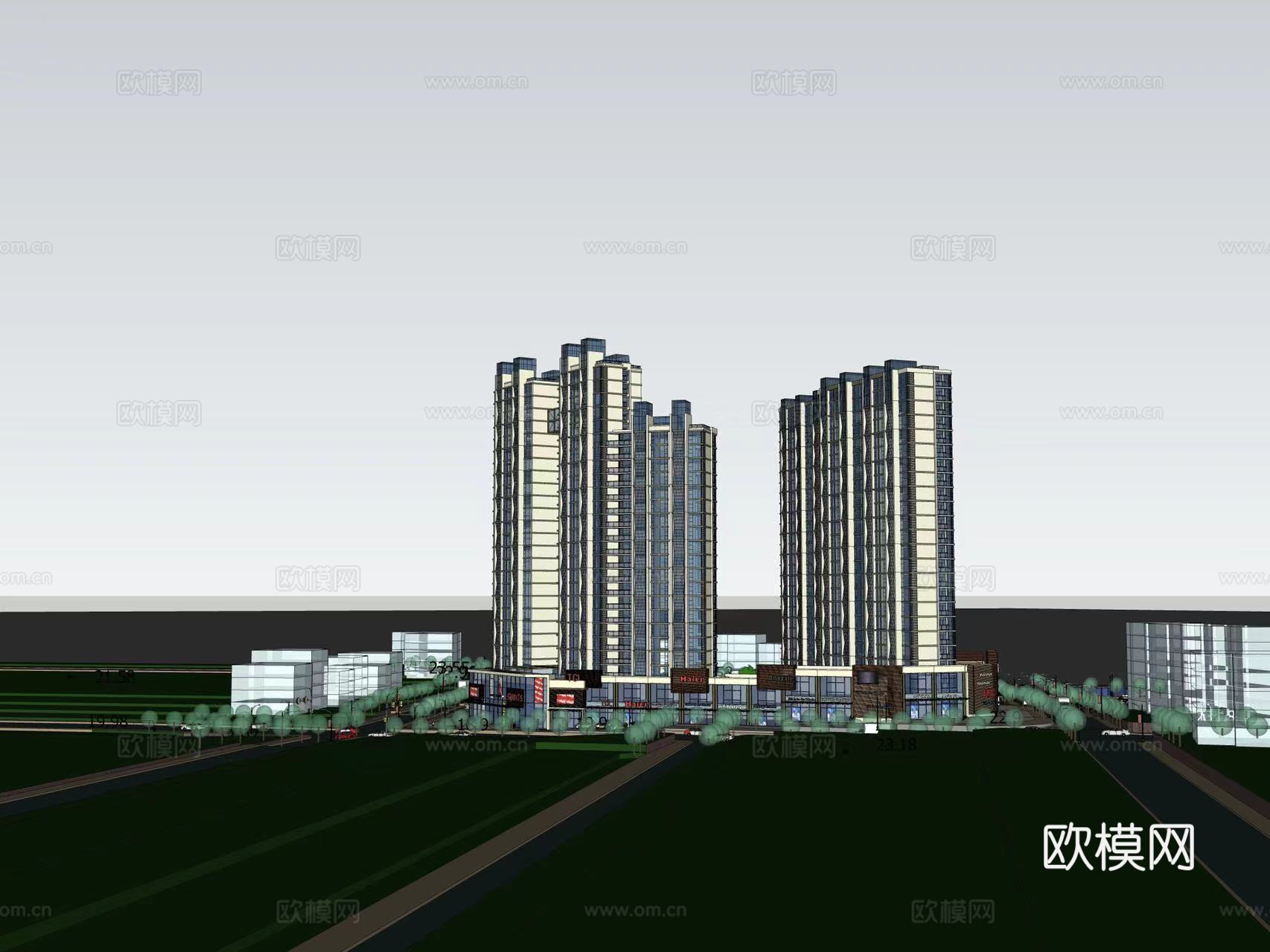 现代住宅楼建筑外观su模型下载