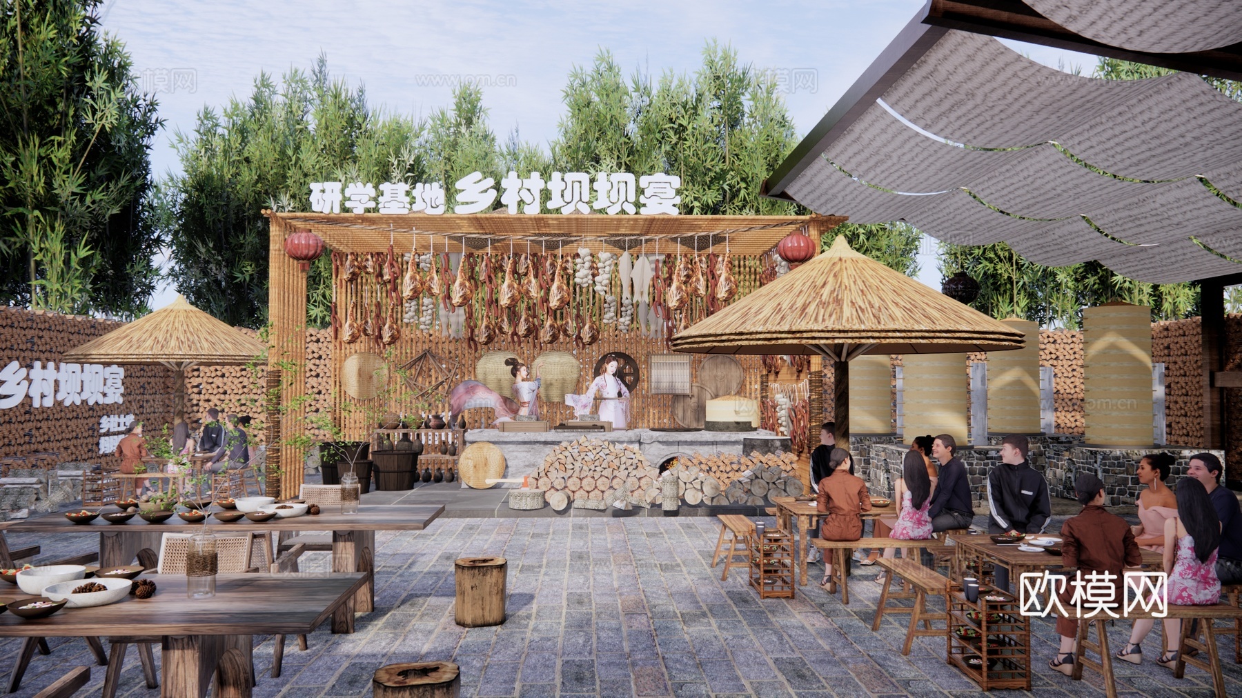 现代乡村美食庭院 农村坝坝宴 腊肉香肠su模型下载