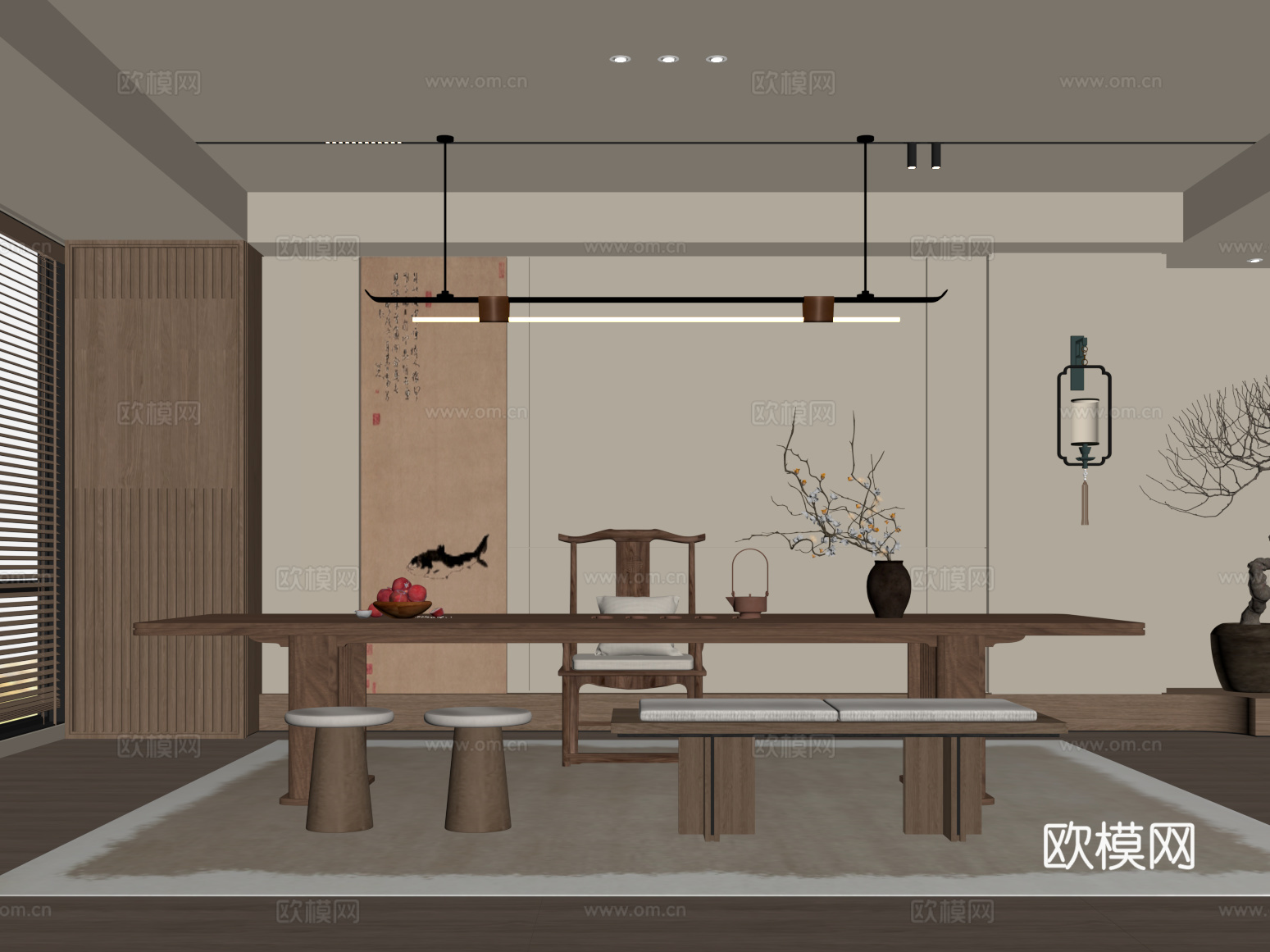 茶室 新中式茶室 茶桌椅su模型