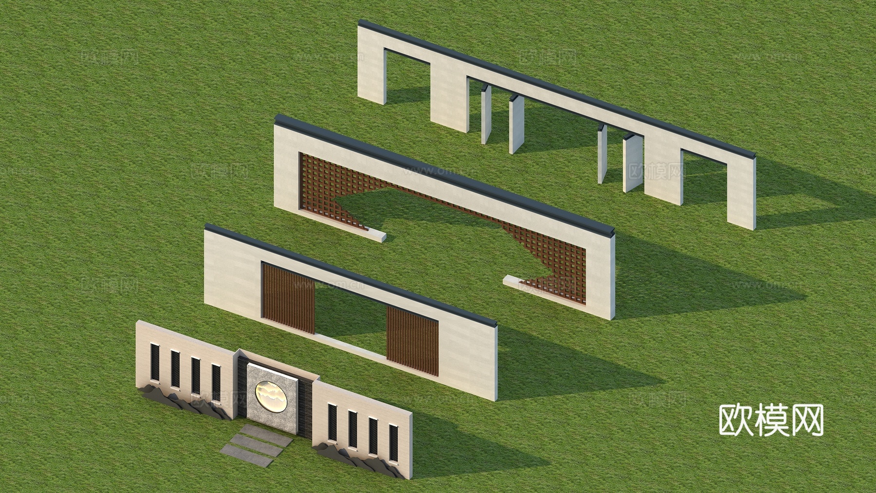 中式室外新中式景墙景观园林小品 森林树木 室外建筑别墅3d模型