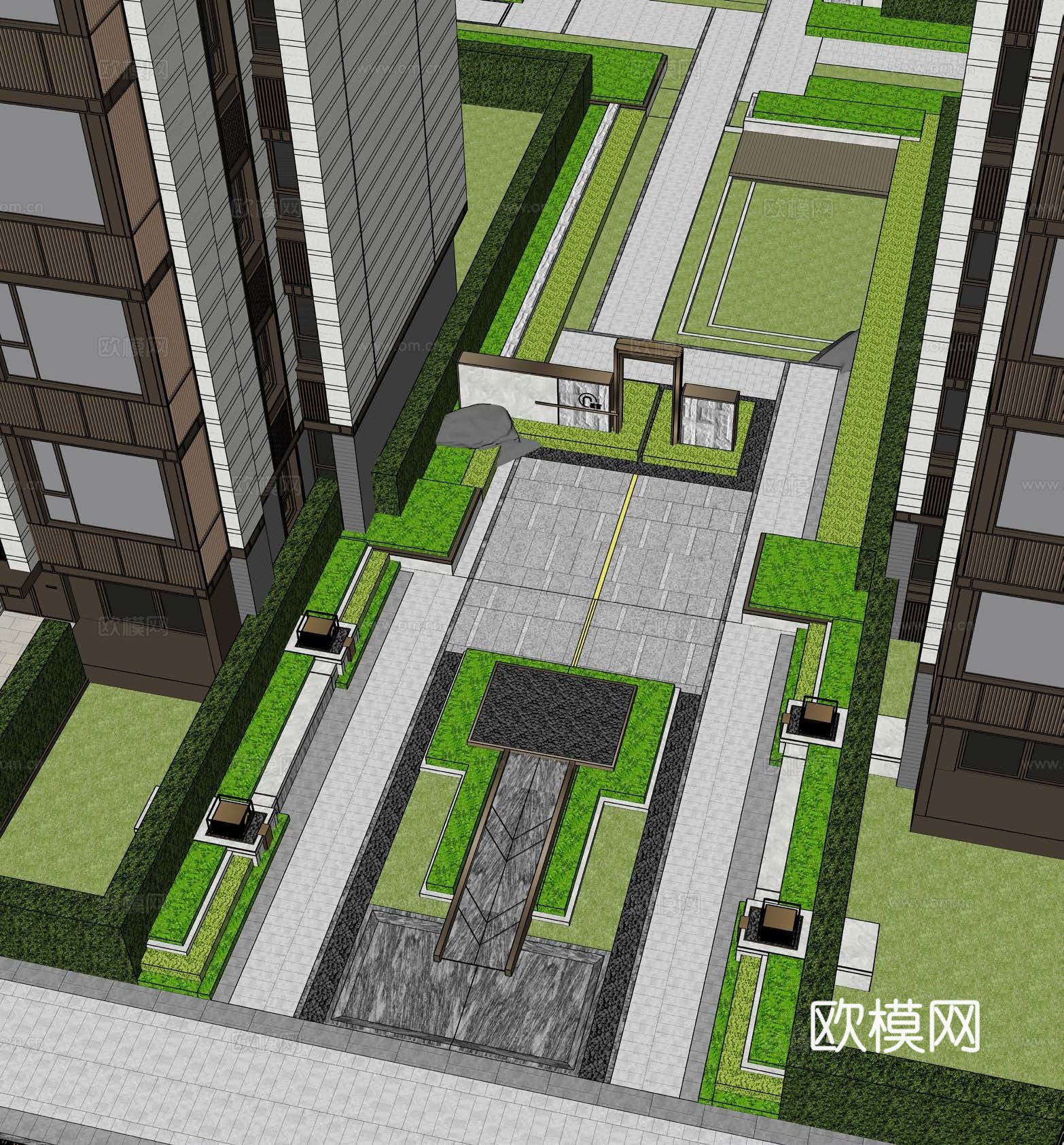 新中式住宅区景观su模型下载