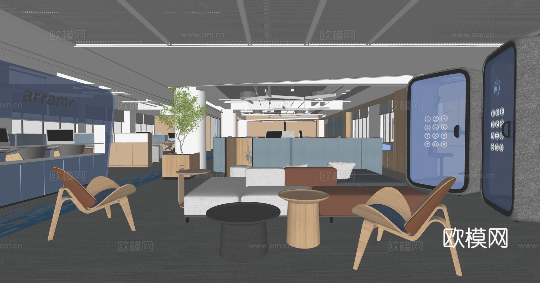 现代公共办公区 办公休息区su模型下载